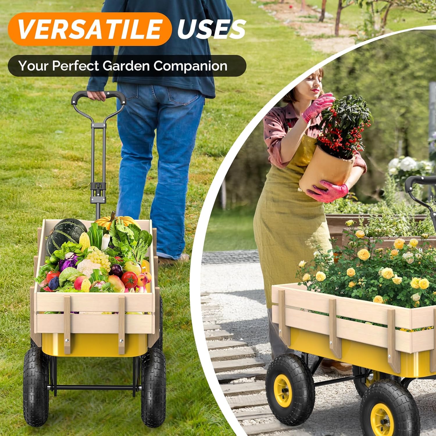 VINGLI Wagon Cart, Steel Frame and Wood Coated Railing, 330lbs All Terrain Wagon 9.2in Air Tires for Garden and Outdoor (Yellow)