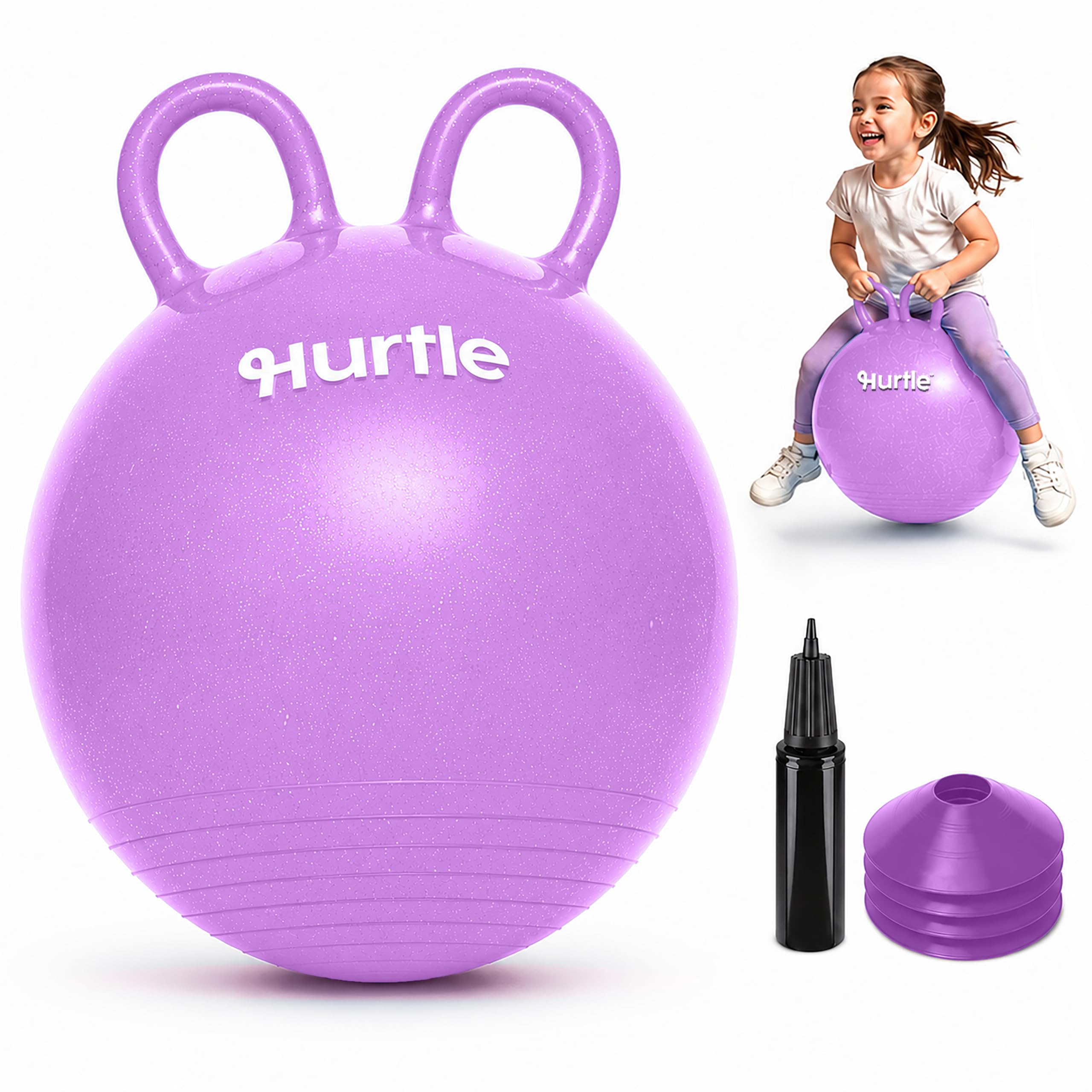 Hurtle Space Hopper 18 Inch Hopper Ball for Kids With Dual Handles, Pump and 4 Cones for Balance, Coordination and Active Indoor Outdoor Play, Purple Glitter