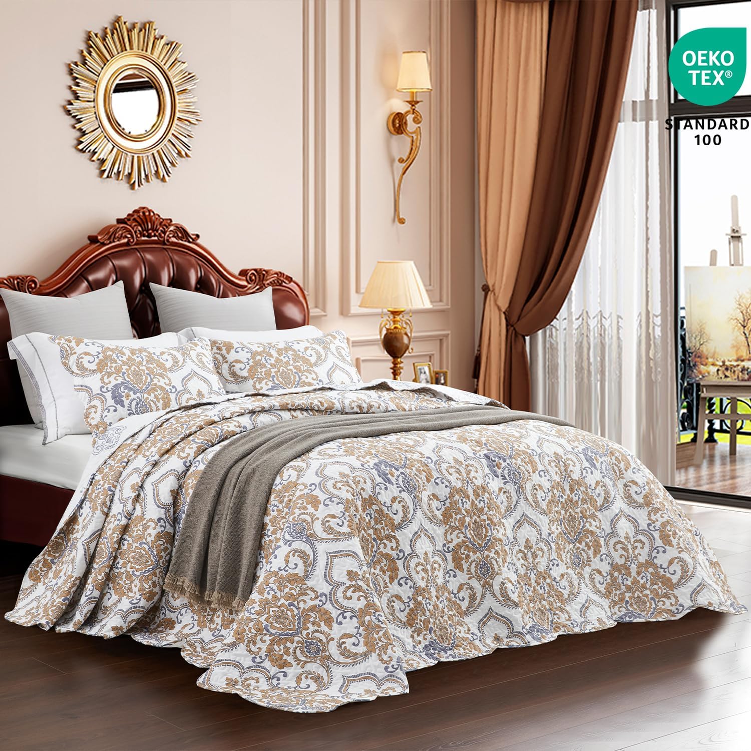 CHIXIN Oversized King Bedspread 128x120 Extra Wide - European Damask Paisley Pattern - Classic & Gorgeous Bedding Cover, Lightweight, Ultra Soft, 5 Piece, 100% Microfiber, White/Khaki/Grey - Image 2