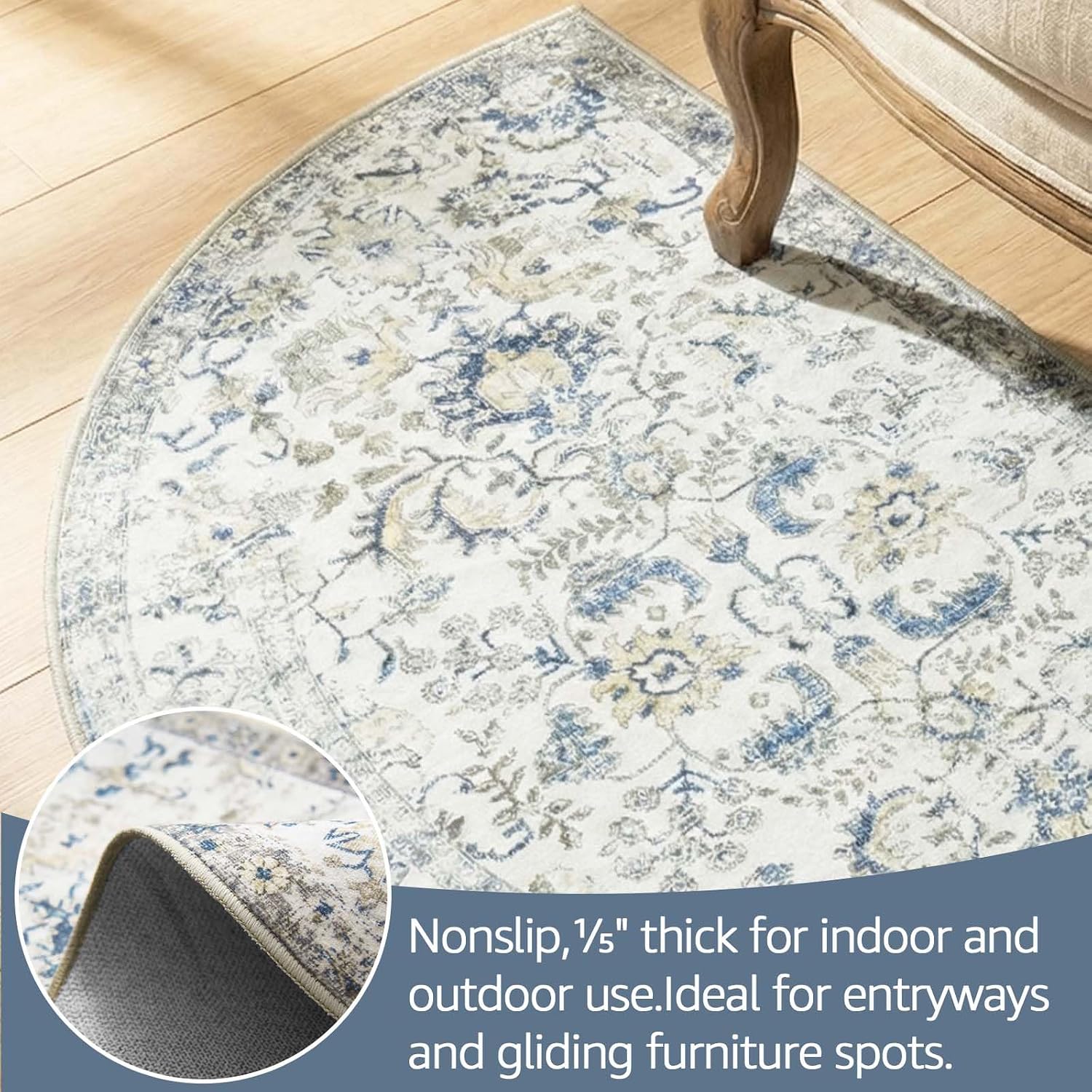 jinchan Kalen Floral Entryway Rug 2x3 Half Circle Area Rug Washable Vintage Half Moon Doormat Low-Pile Soft Small Non-Slip Semi Circle Carpet for Kitchen Laundry Room Bathroom Distressed Blue Multi