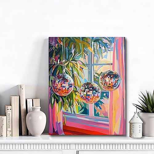 Miniatura 3 de JWVK Lienzo decorativo para pared, diseño de bola de discoteca retro de los años 70, decoración ecléctica del hogar, plantas tropicales vibrantes y