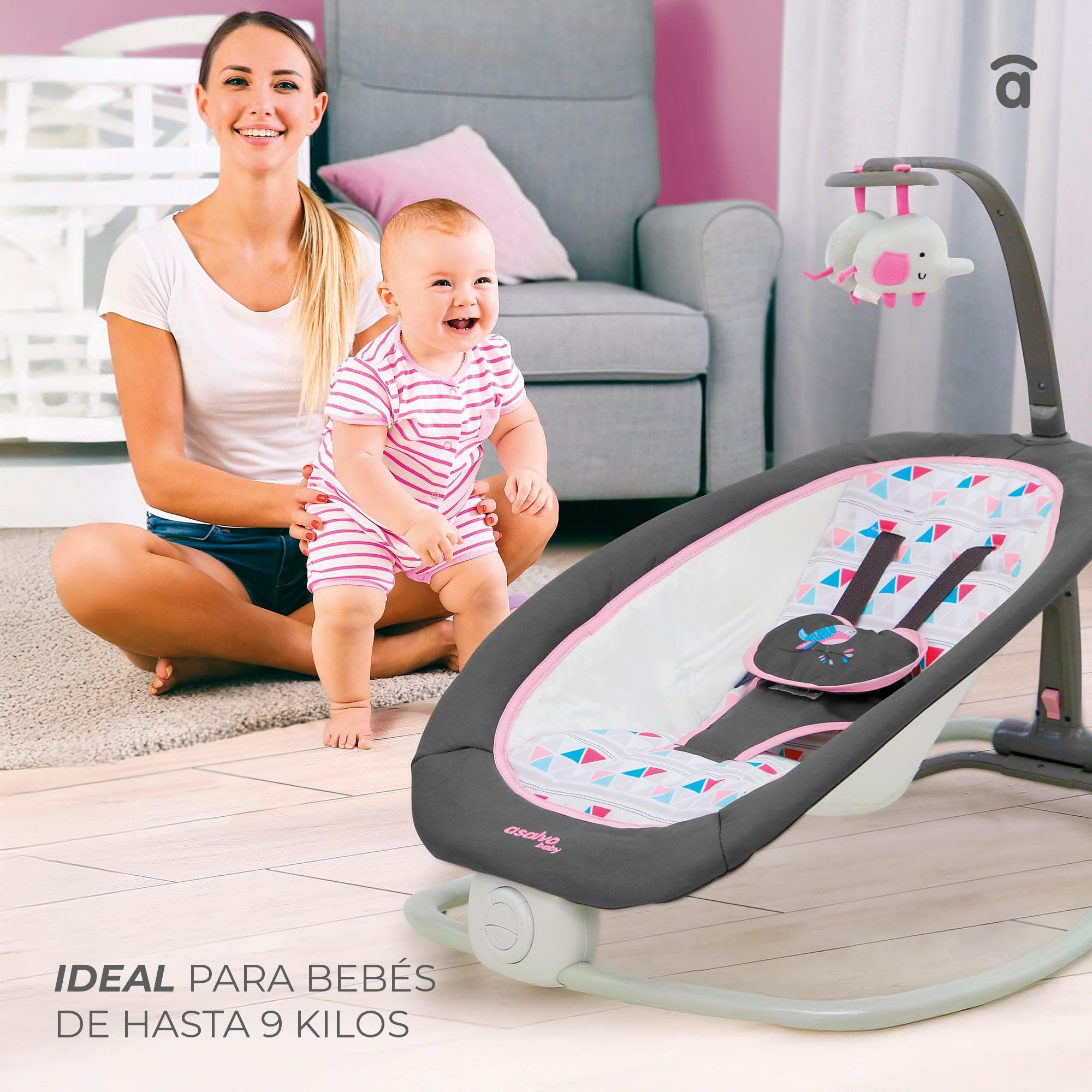 Asalvo Hamac éléphant bébé pliable 4 positions musique vibration harnais 5 points charge max 9 kg Gris Aqua