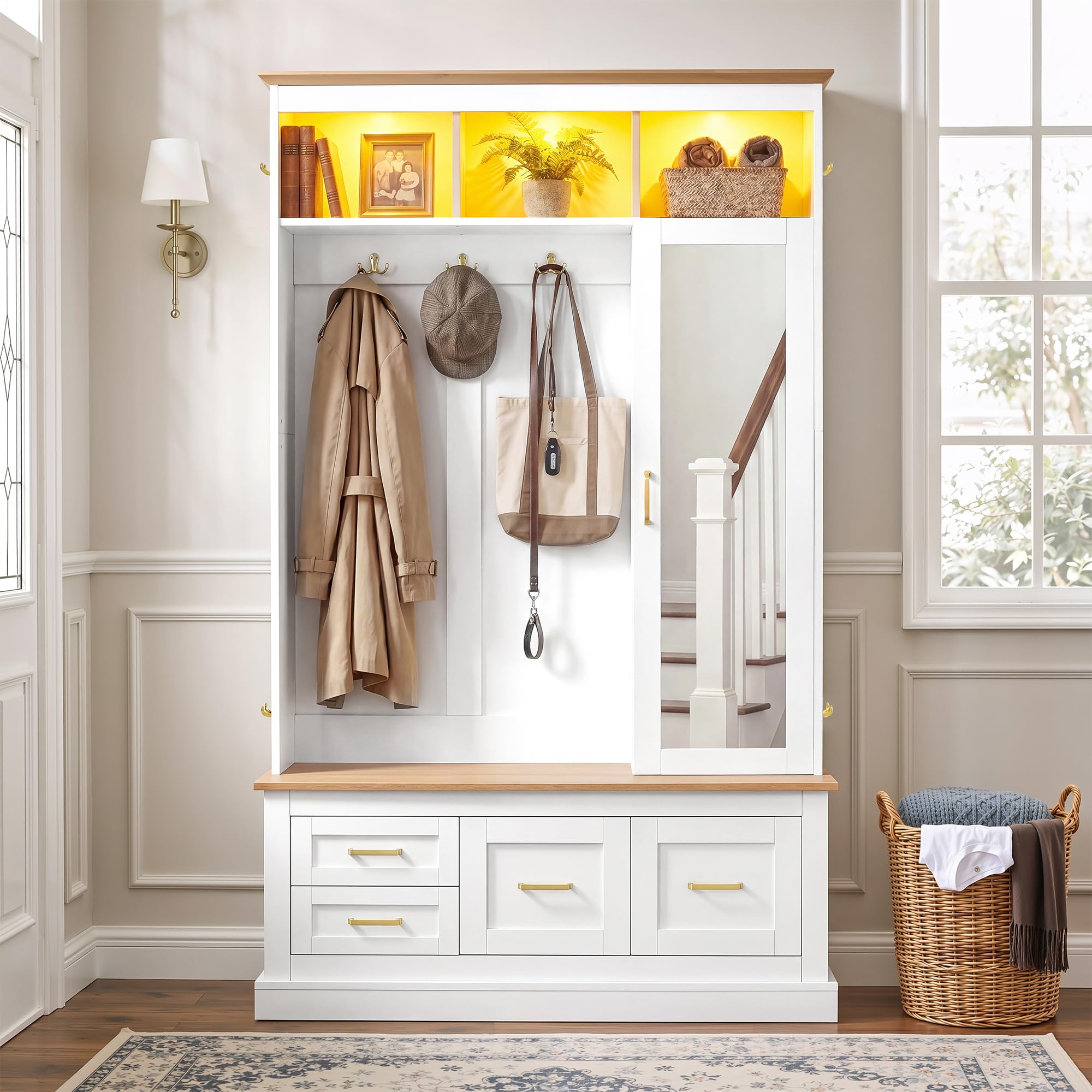 Perchero compacto con espejo, banco, zapatero, gancho, perchero, cómoda con puerta de espejo, juego de muebles de pasillo, armario para pasillo, armario para pasillo, color blanco