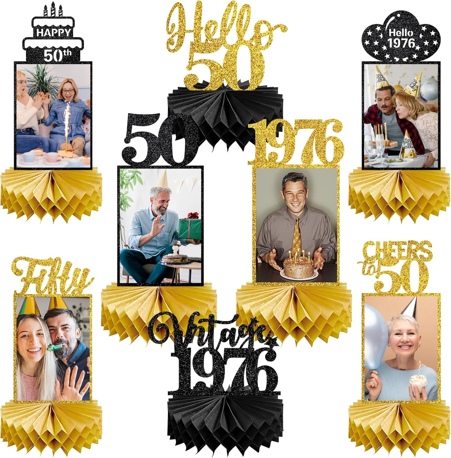 8Pcs 50th Birthday Decorations Honeycomb Centerpieces for Women Men, Black Gold Vintage 1976 50th Bday Photo Table Centerpieces Party Supplies, Glitter Cheers to 50 Year Old Bday Table Topper