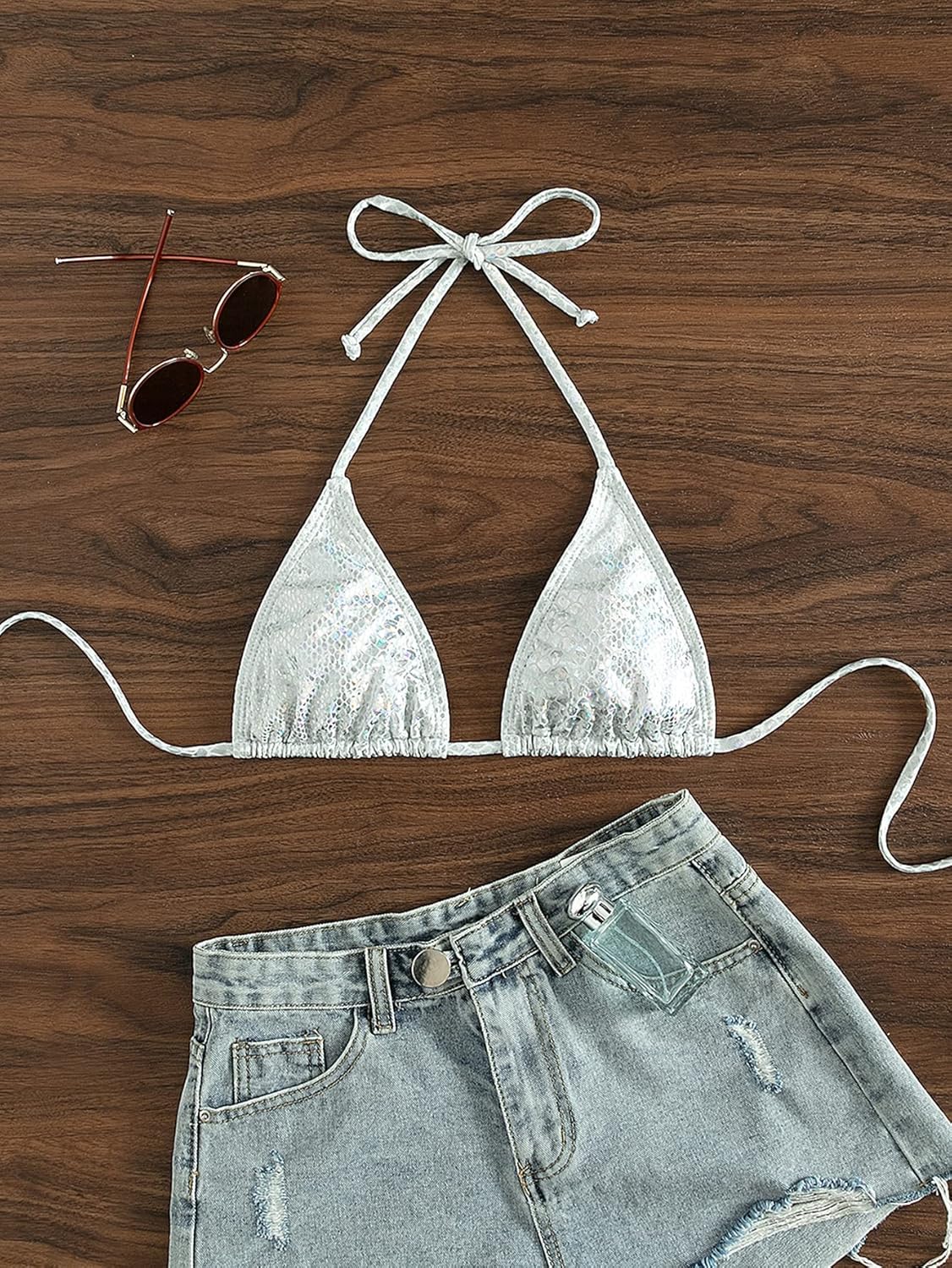 Verdusa Women's Sparkle Glitter Halter Bikini Top Swimwear Triangle Swim Top : Clothing, Shoes & Jewelry