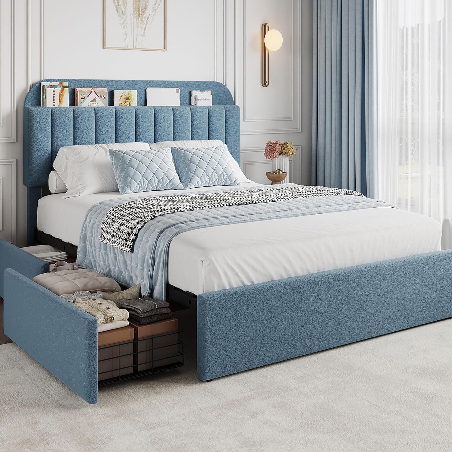 GarveeHome Full Bed Frame with Storage Headboard, Kids Bed Frame with 2 Drawers, Boucle Upholstered Platform Bed with Bookcase, No Box Spring Needed, Easy Assembly, Blue