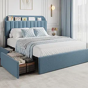 GarveeHome Full Bed Frame with Storage Headboard, Kids Bed Frame with 2 Drawers, Boucle Upholstered Platform Bed with Bookcase, No Box Spring Needed, Easy Assembly, Blue