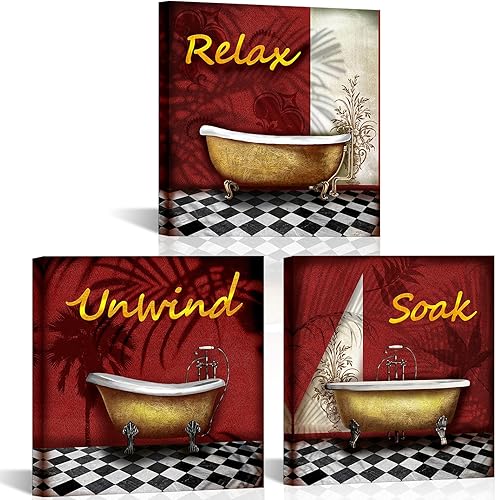 SkenoArt Decoración de pared de baño rojo y negro, 3 piezas, para relajarse, relajarse, remojar, remojar, arte de pared, decoración de baño burdeos,