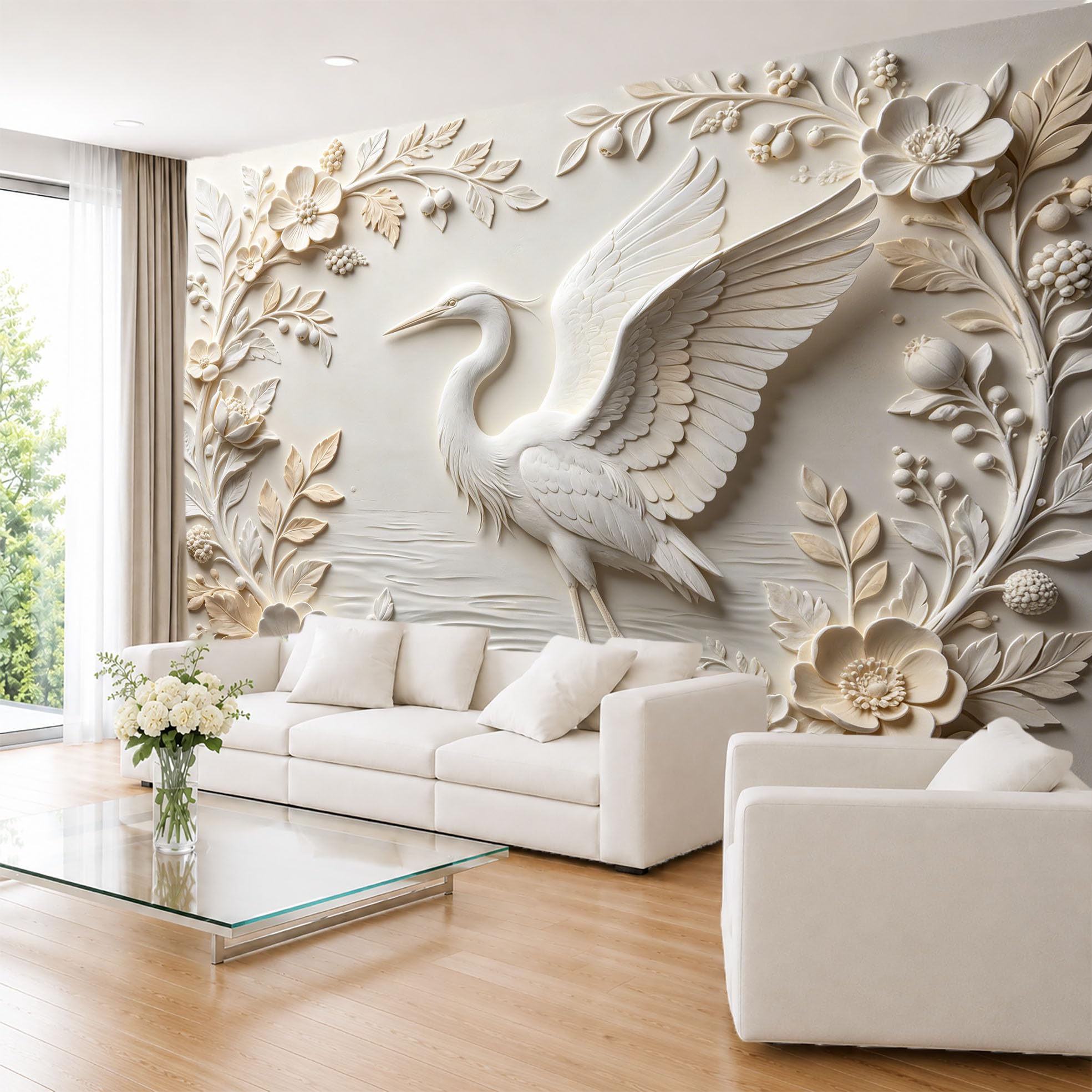 Carta Da Parati Murale con Airone Bianco E Fiori Selvatici 600×420 cm (Lxa) Carta Da Parati Fotografica In Tessuto Non Tessuto Atmosfera Estetica Orientale Decorazione Murale con Uccelli E Fiori Pe