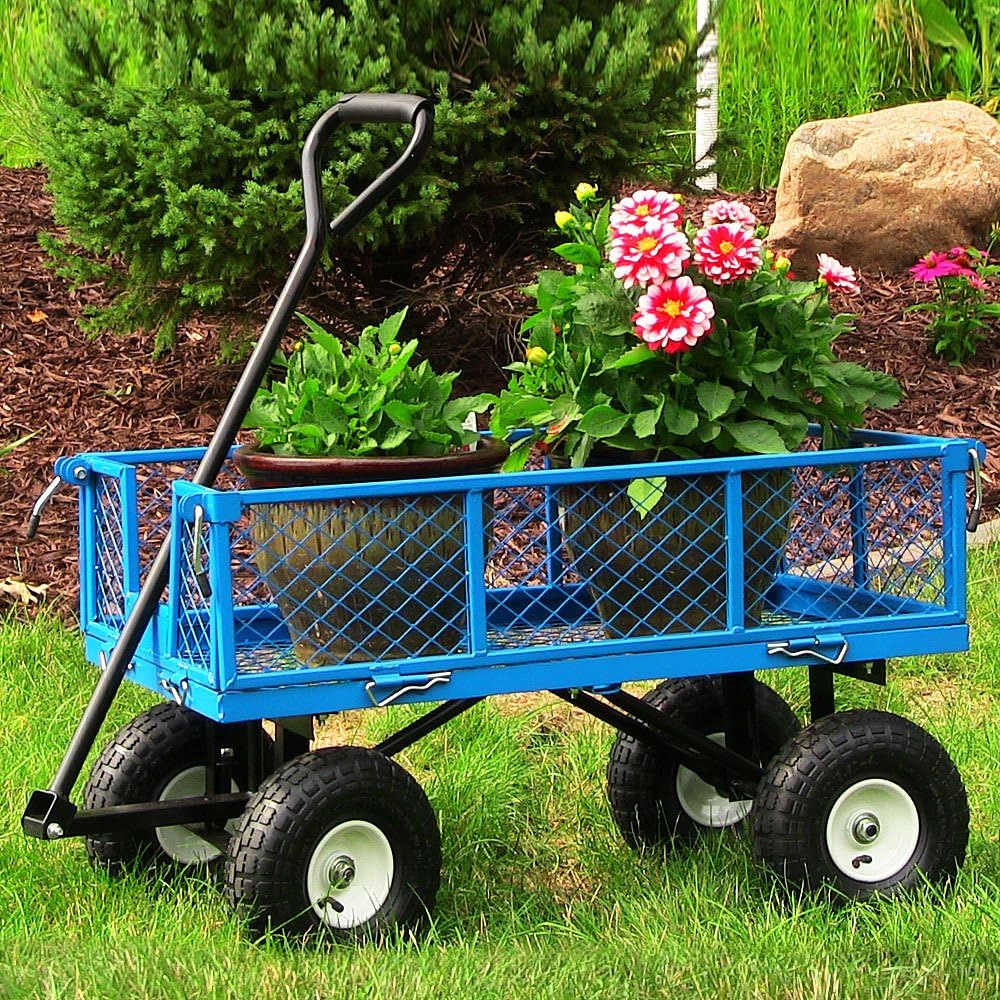 Sunnydaze Utility Steel Garden Cart, Outdoor Lawn Wagon with Removable Sides, Heavy-Duty 400 Pound Capacity, Blue : Patio, Lawn & Garden