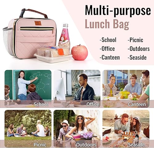 Miniatura 9 de Genteen Lonchera para mujeres, adultos y niñas, lonchera aislada reutilizable, cierre de cremallera y asa de hebilla, enfriador portátil para el