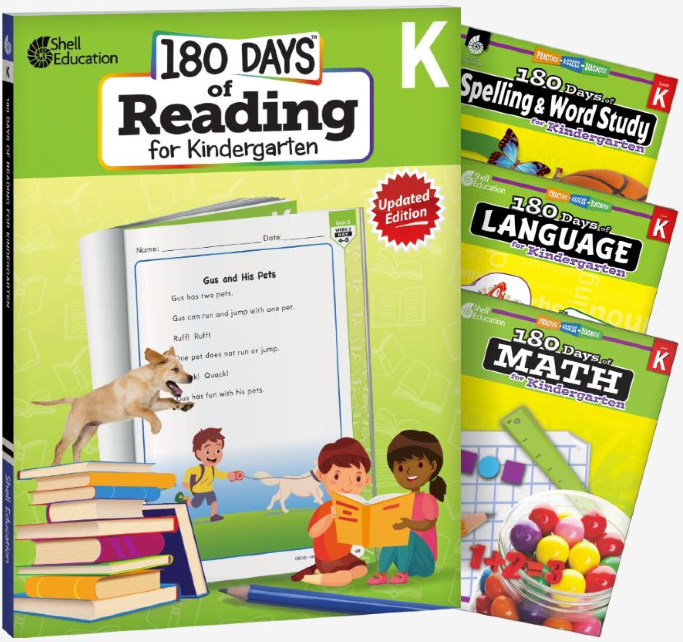 Shell Education 180 días de lectura, ortografía, lenguaje y matemáticas, grado K: juego de 4 libros
