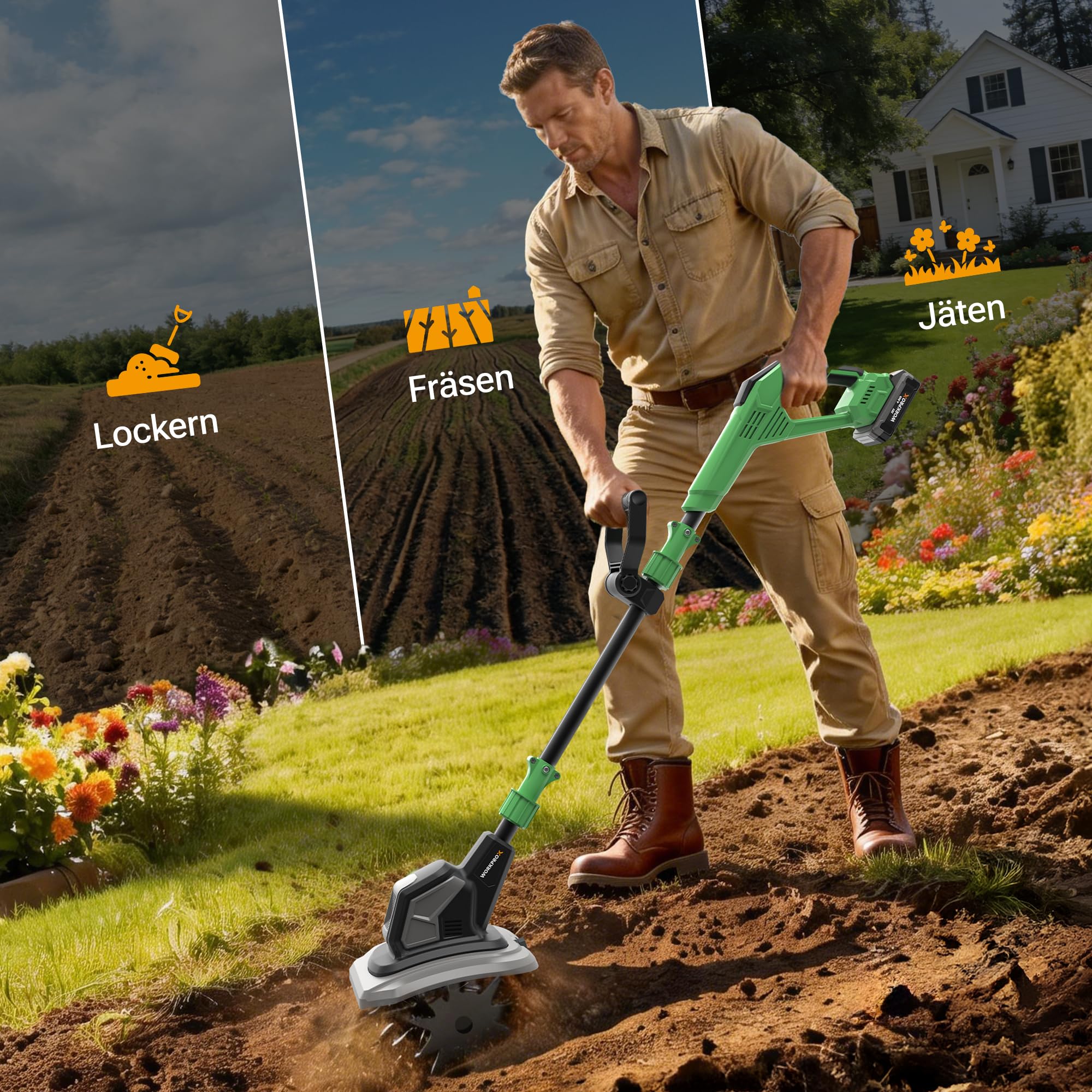 WORKPROX 20V Akku Gartenfräse, Motorhacke mit 4,0Ah Akku, Kabellos & Ölfrei, 20 cm Fräsbreite & 20 cm Arbeitstiefe, 3-Stufig Verstellbarer Griff, Abnehmbare Klinge, Bodenfräse für Garten & Beet