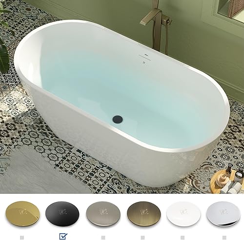 Miniatura 3 de FerdY 59" Bañera de acrílico independiente Bali Elite, bañera independiente de inmersión con forma elegante, certificada cUPC, desagüe negro Toe-Tap