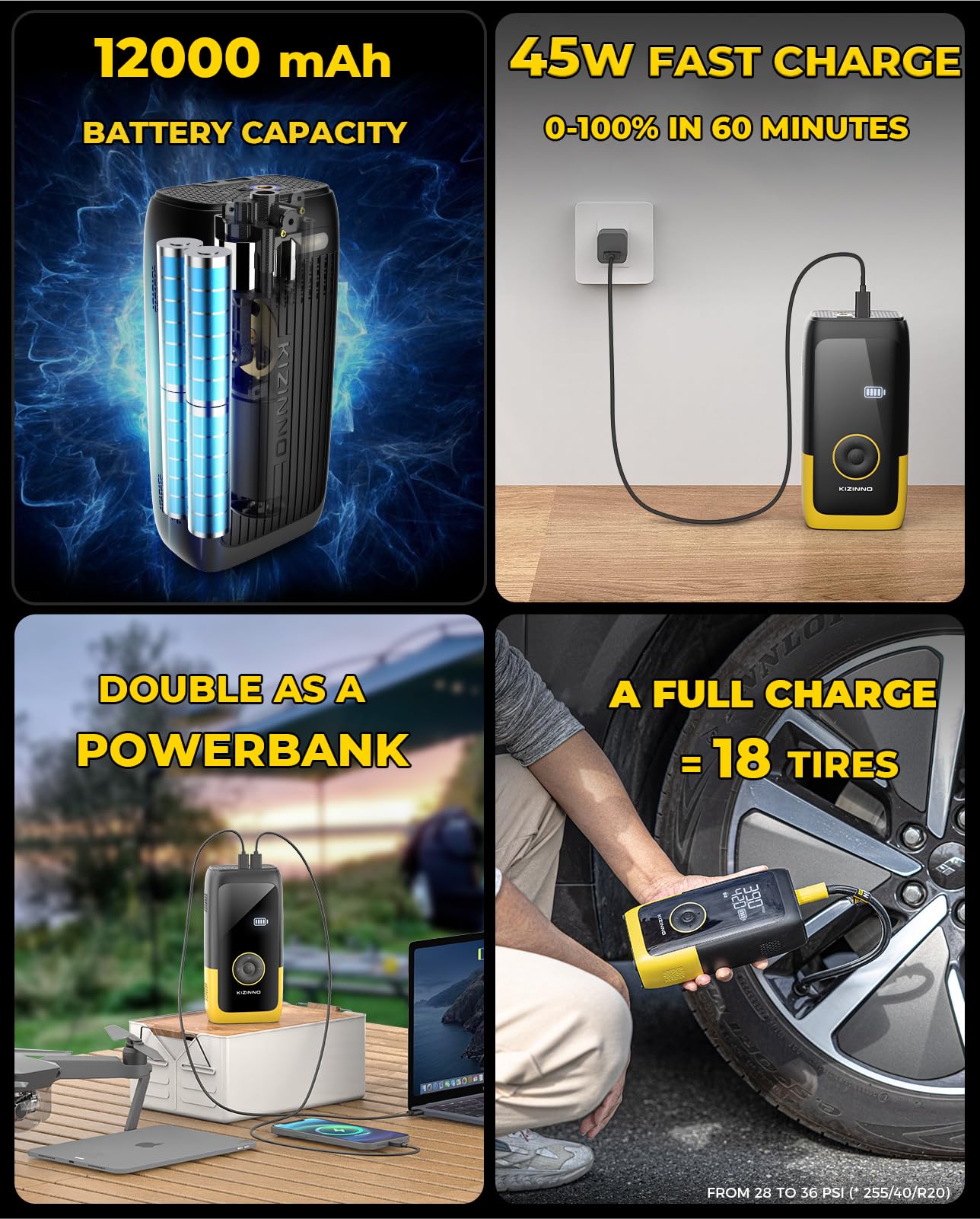 Compresor de aire inalámbrico - Inflador de neumáticos de doble cilindro, 12000 mAh