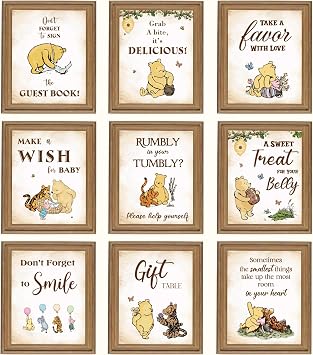 97 Decor Classic Pooh Bear Baby Shower Decorations - 9 Winnie Table Signs Decor, Vintage Pooh Quotes Winnie Party Supplies, Baby Welcome Sign For Birthday Parties, Gender Reveal, Table Centerpieces