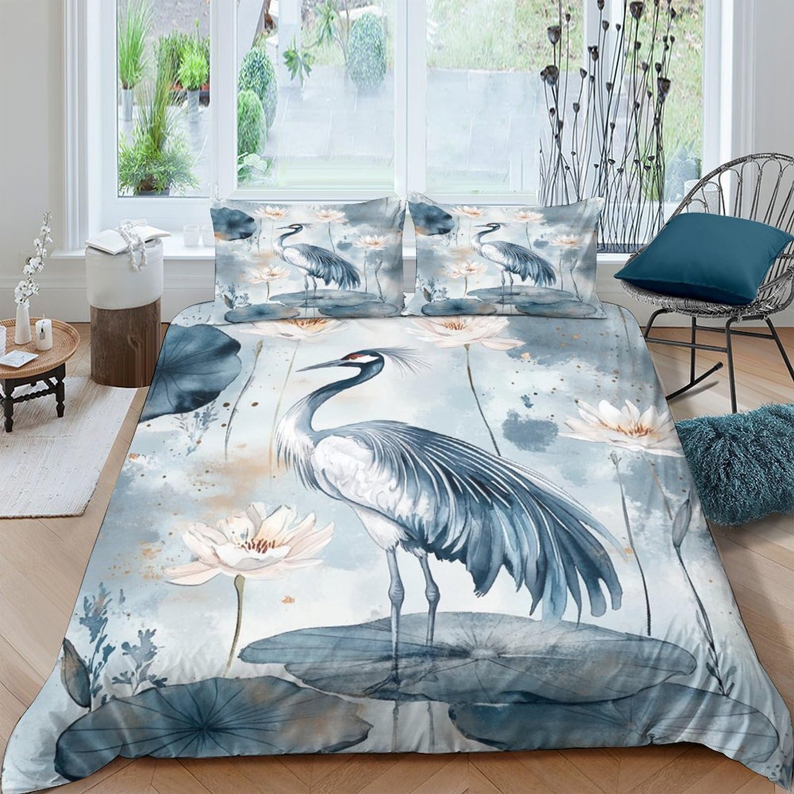 Ctjqhvkz Style-5 3D Printed Crane Lotus Fitted Sheet Microfiber Anti-Slip Bed Cover Blue Grey Artistic Decor For Bedroom Dorm Mattress Protection Single（135X200cm）