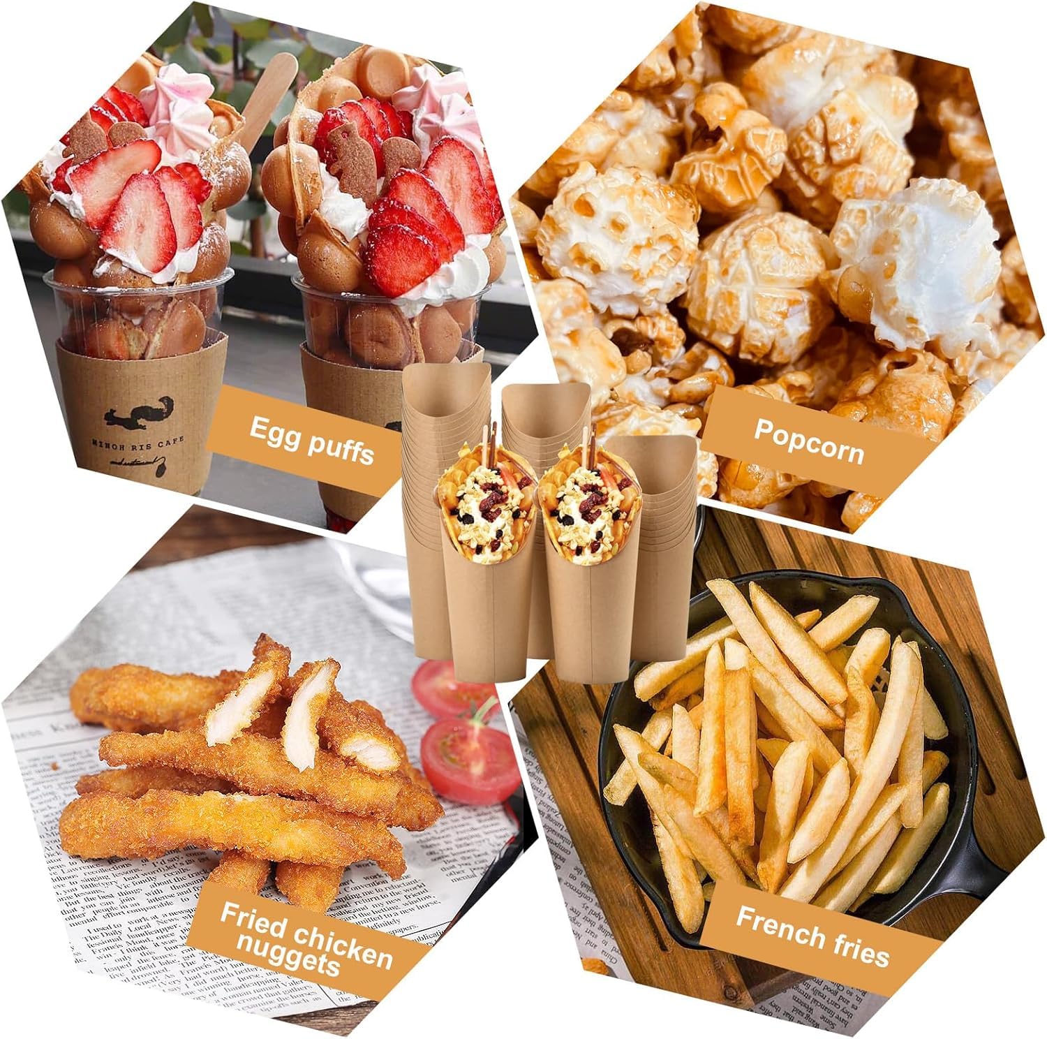 YANGWEN 16 Oz Porte Frites Tasses, 40 Pièces Coupes à Frites en Papier Kraft Gobelets Jetables pour Fêtes à Emporter,Sachets à gaufres à Bulles - Sachets à Frites