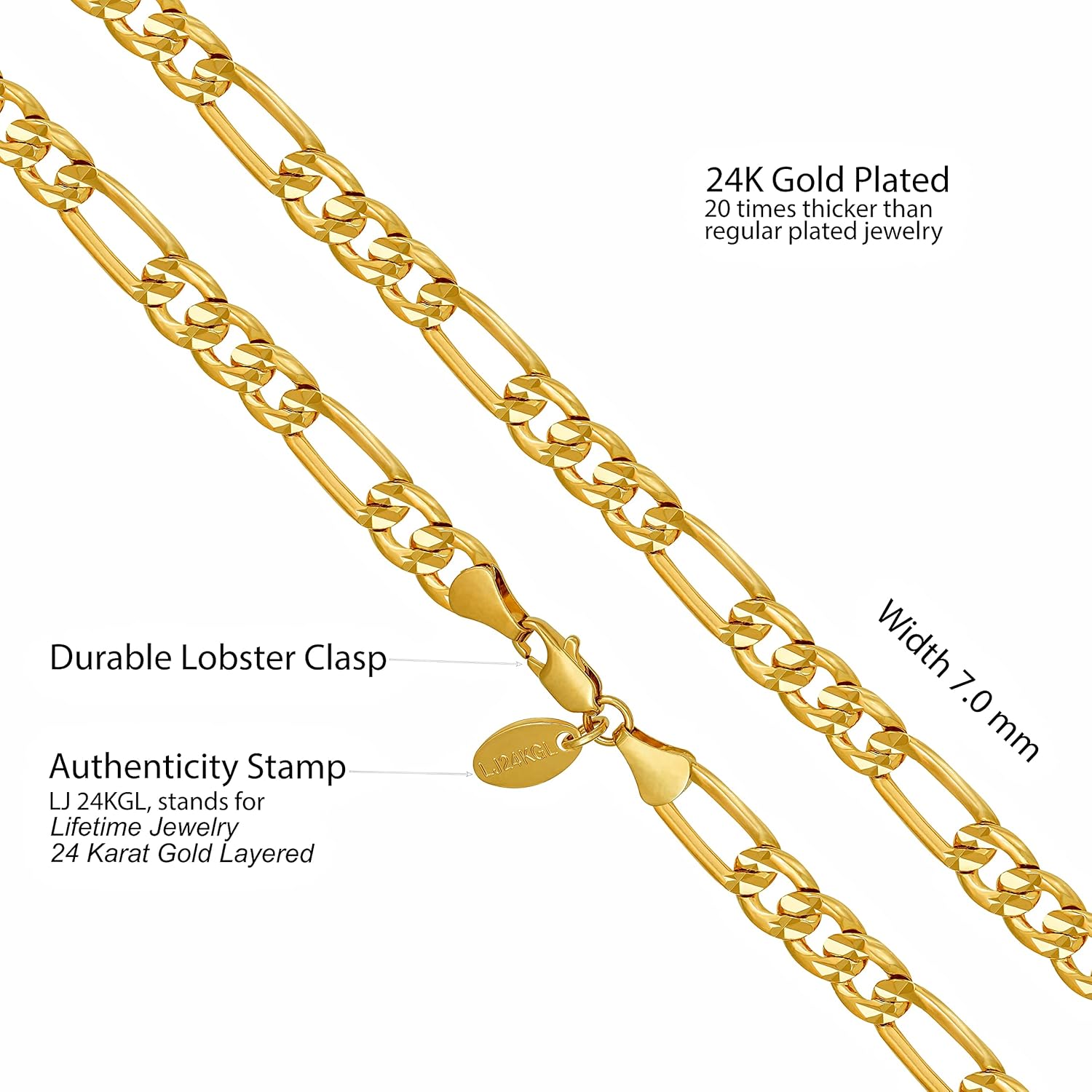 LIFETIME JEWELRY Radiant Diamond Cut Figaro Chain Necklaces 24k Real Gold Plated (6mm, 7mm, 9.5mm)