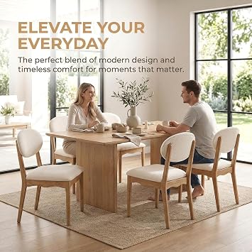 ROCITY White Upholstered Dining Chairs Set of 2 Wood Dining Room Chairs Farmhouse Boho Kitchen Chairs Linen Fabric Natural Oak Wood
