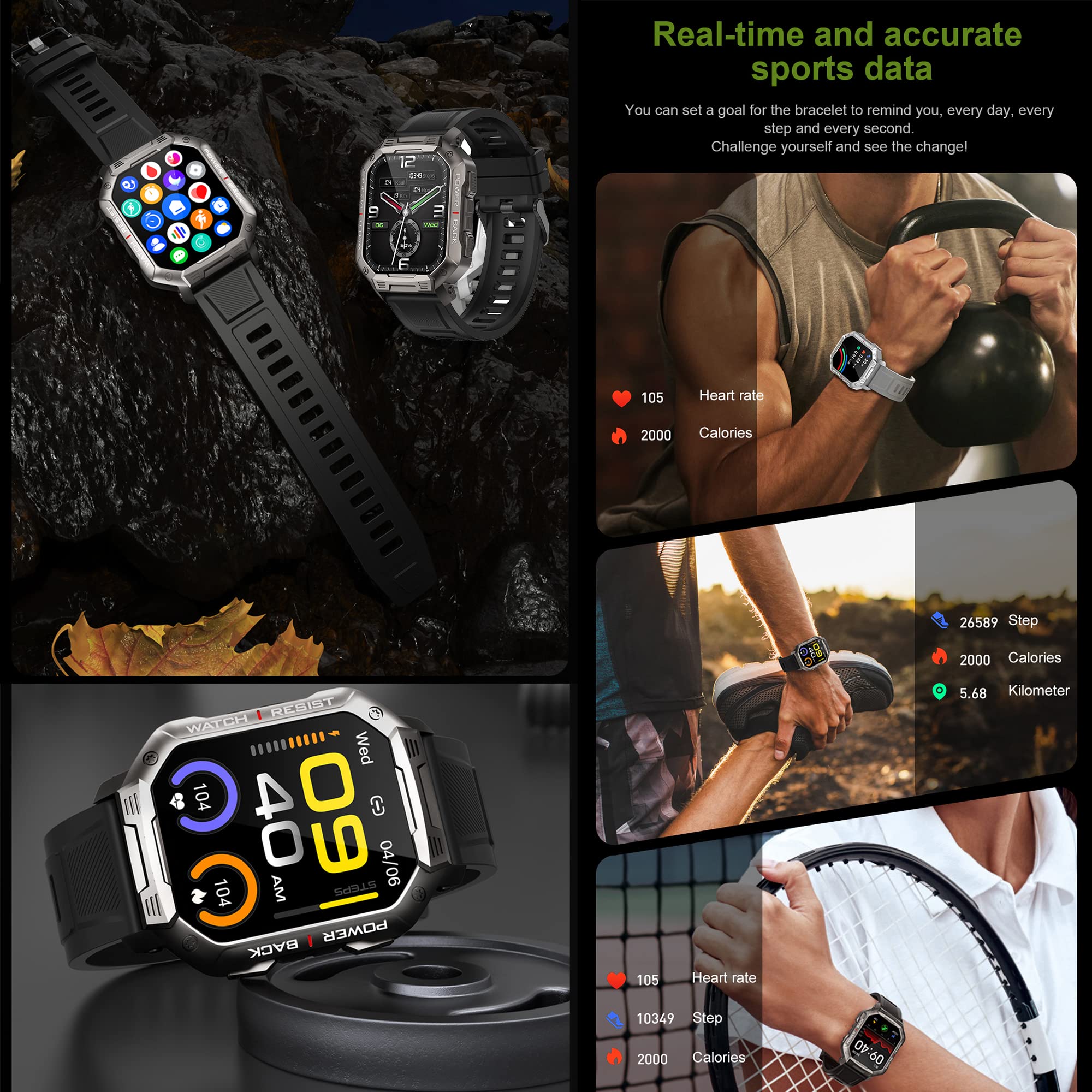 Montre Connectée Homme Appels Bluetooth, 1,83" Sport Écran Tactile Smartwatch Bracelet Connectee avec Moniteur de Sommeil Fréquence Cardiaque Podomètre GPS Fitness Tracker pour Android iOS (Noir)