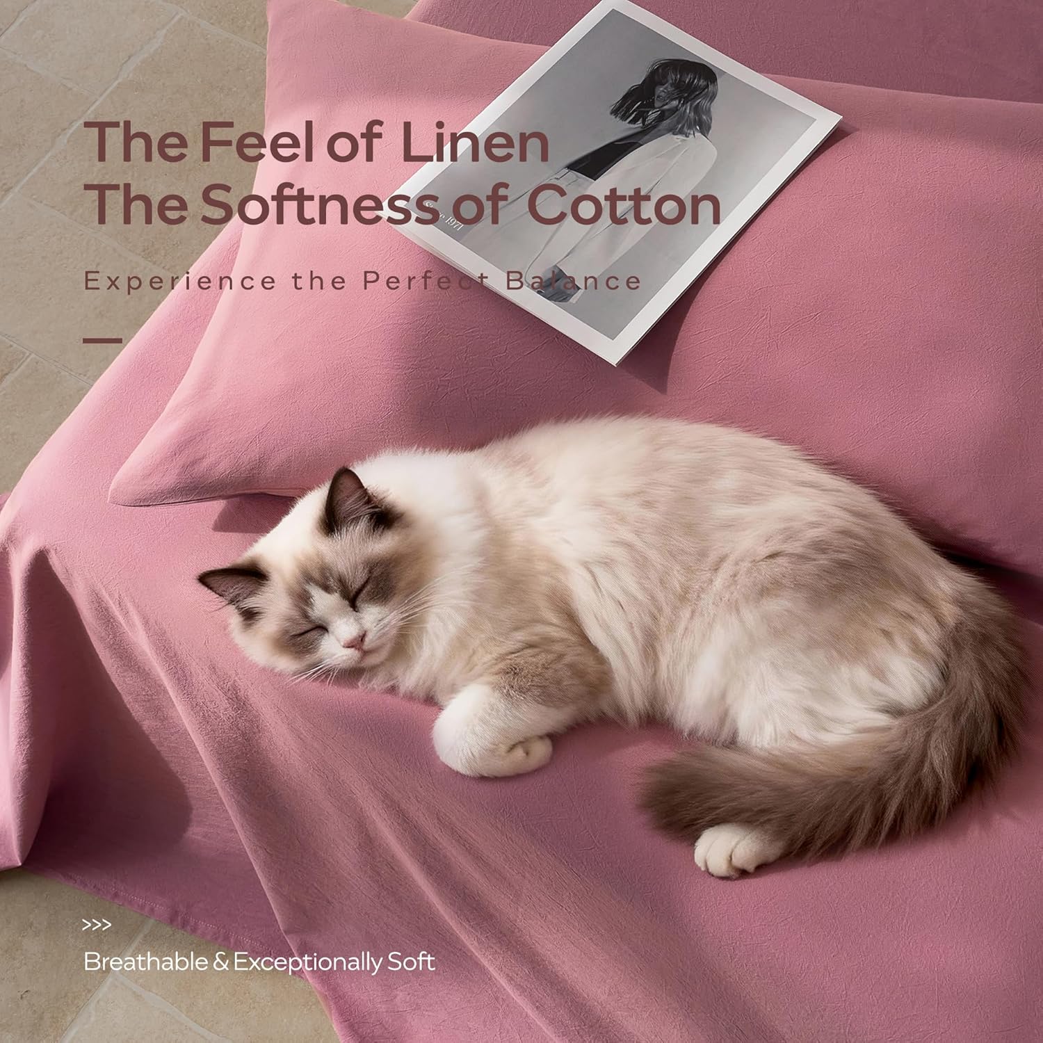 JELLYMONI Sheet Set Queen Size 4pcs Cotton Caramel Easy-Fit 16 Inch Deep Pocket 100% Washed Cotton Soft Breathable (1 Fitted Sheet, 1 Flat Sheet, 2 Pillowcases) - Image 4