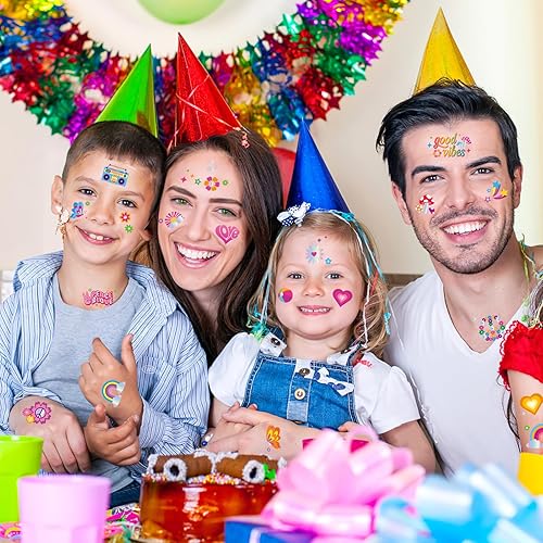 Miniatura 3 de Qpout 86 tatuajes temporales hippie con purpurina para niños, impermeables, brillantes, estilos de plata, flor, poder, amor y paz, tatuajes geniales