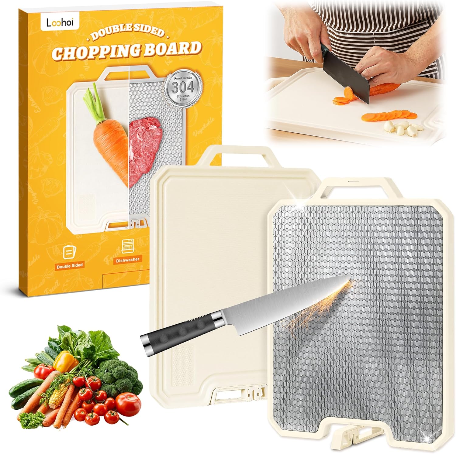 LOOHOI Stainless Steel Cutting Boards for Kitchen,Double Side Food Grade Chopping Board,Stainless Steel and Wheat Straw PP,Dishwasher Safe Large Board for Meat/Vegetable,16 * 12 Inch