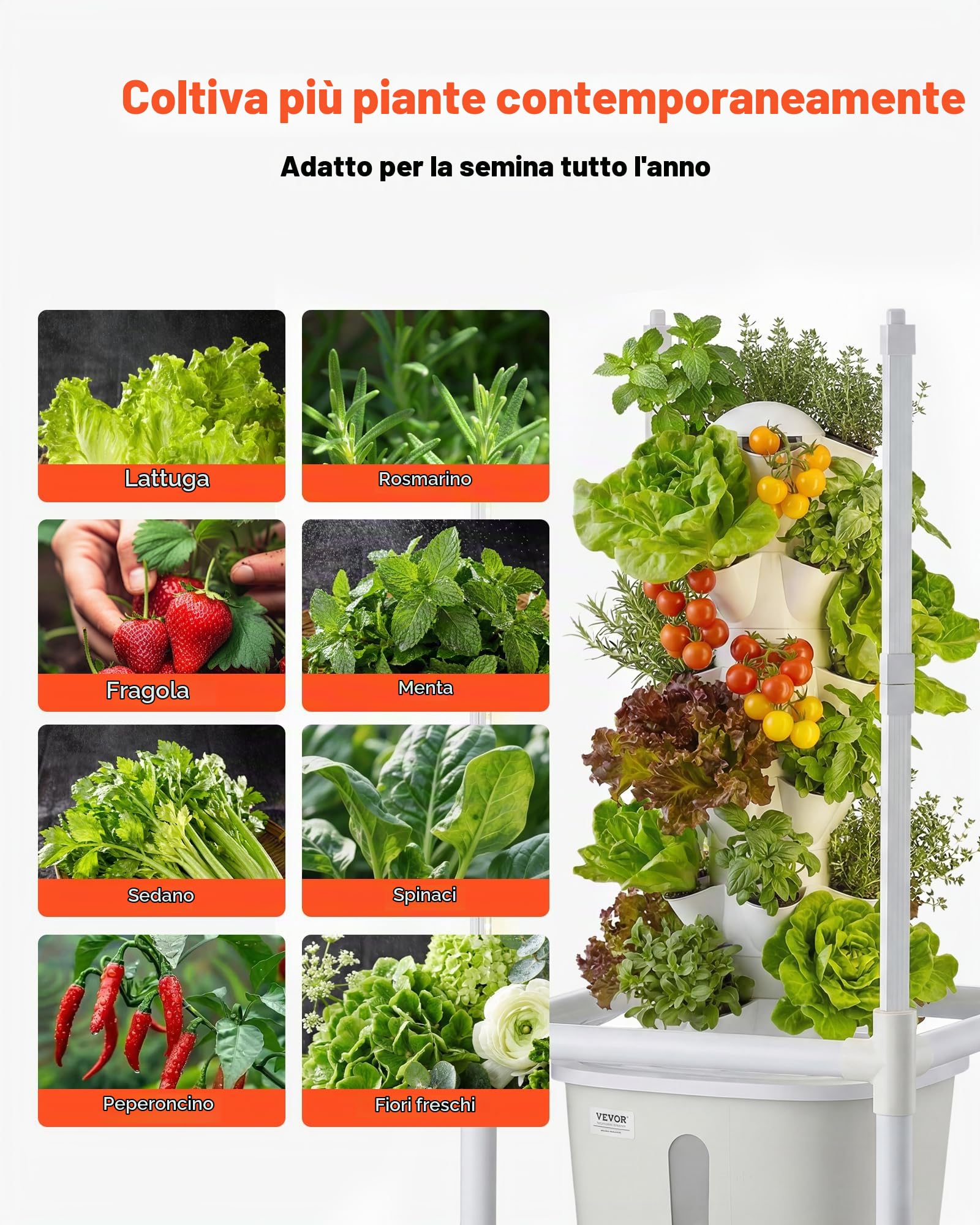 VEVOR Torre Idroponica 6 Ripiani, Sistema di Coltivazione per Piante Erbe Aromatiche Frutta Verdure Lampada LED per Coltivazione Crescita Controllo App, Torre Idroponica Serbatoio 20 Litri