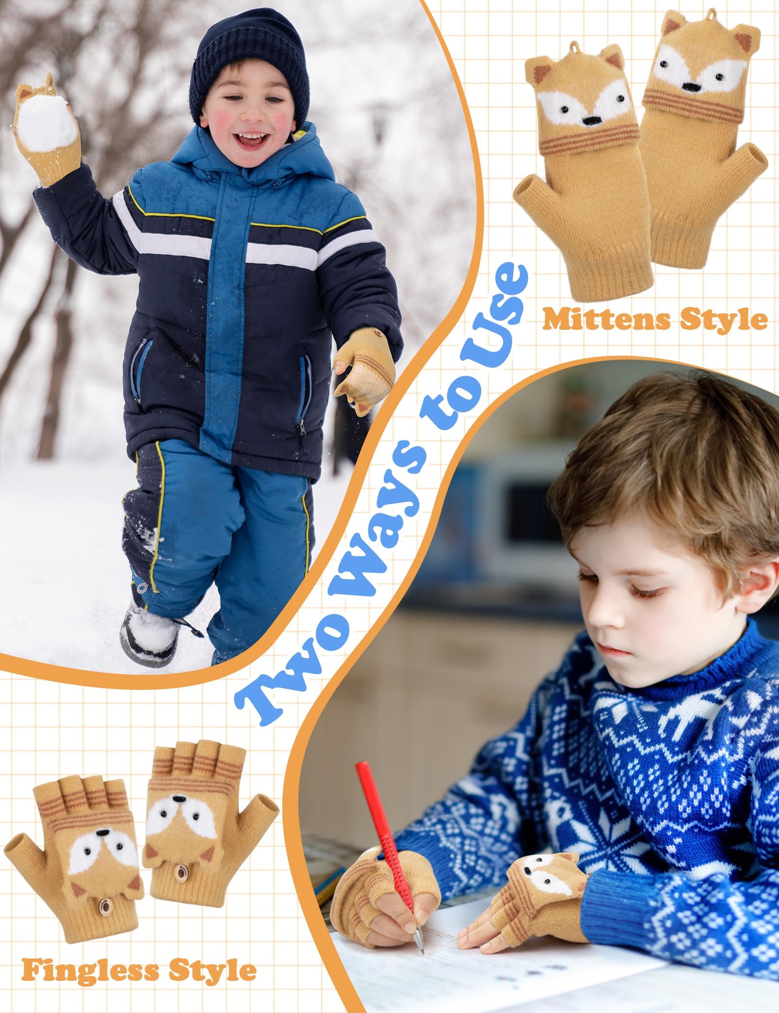 MELLIEX Guantes sin Dedos Niño, Flip Top Guantes Niño Invierno, Cálido Medio Dedo Manopla para Niños Niñas 5-10 Años