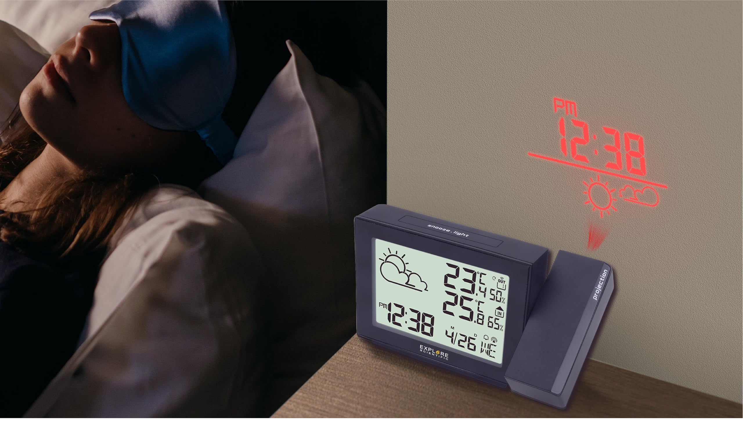 Explore Scientific RPW3005, Orologio a Proiezione, con Meteo, Radiocontrollato, Barometro, Visualizzazione Temperatura Interna ed Esterna con Sensore, Blu