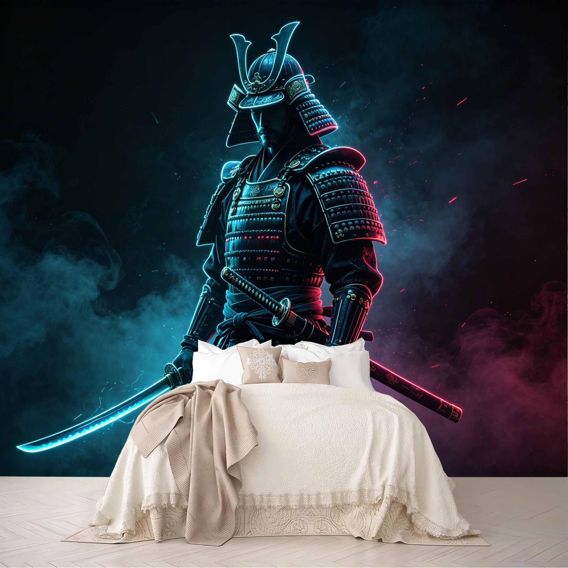 Custom Size Wall Murals Neon Outline Samurai Smoke Dark Portrait Removable Self-Adhesive for Bedroom Living Room Dining Room