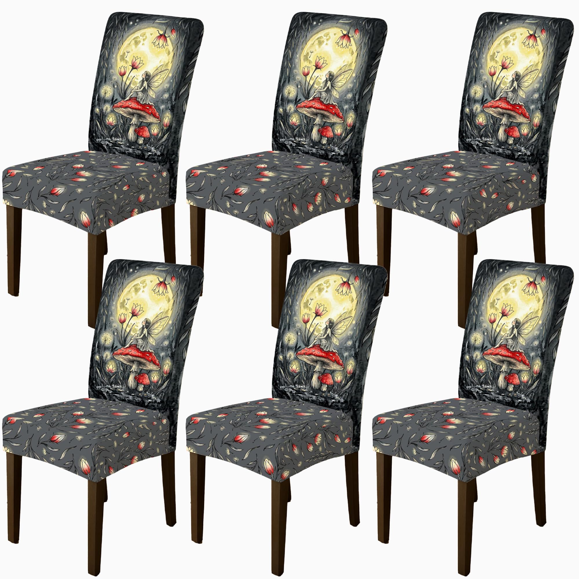 Housses de chaise extensibles motif champignon féérique et fleurs (lot de 6)