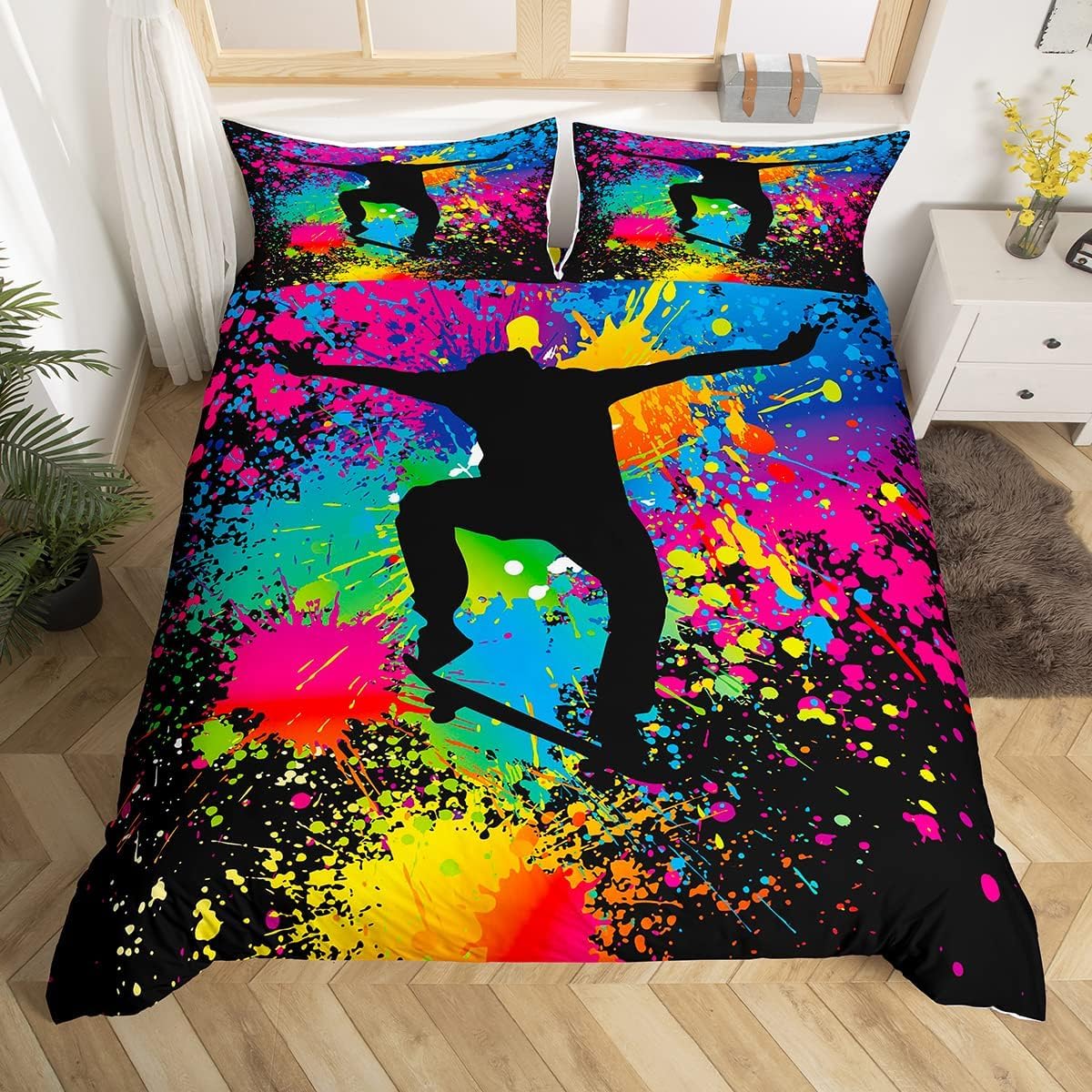 Poszwa na kołdrę 135/150 deskorolka 3D poszwa na kołdrę w stylu hip-hopowym 240 x 220 cm, lekka i wygodna pościel z mikrofibry z zamkiem błyskawicznym i 2 poszewkami na poduszki łatwa w pielęgnacji M