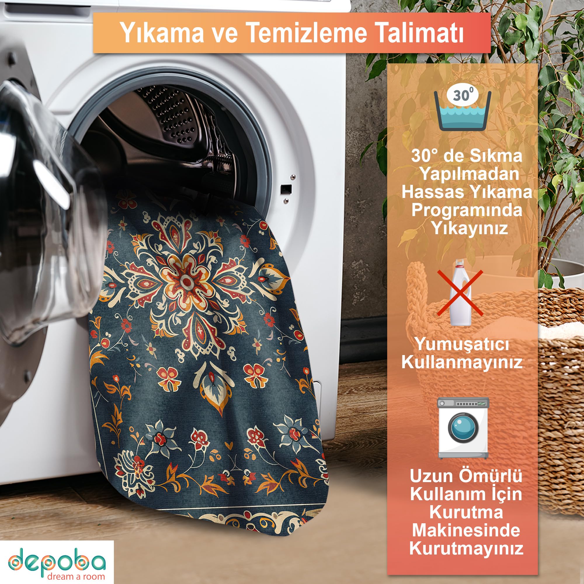 Depoba Andara Vintage Şönil Kaymaz Doğal Pamuk Tabanlı Yıkanabilir Antibakteriyel Çevre Dostu Salon Halısı 140x200
