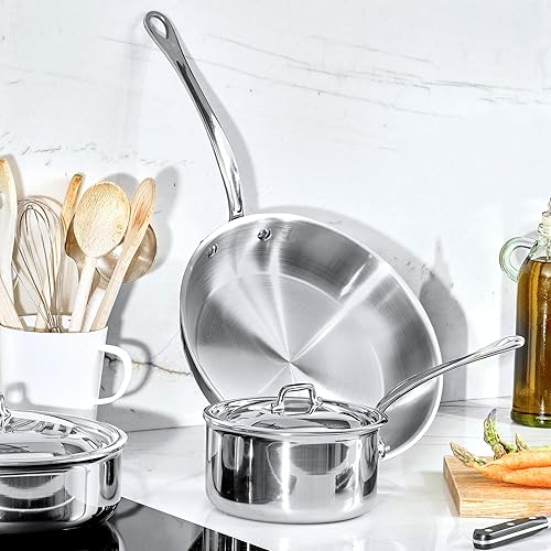 Miniatura 6 de Mauviel M'Cook - Sartén de acero inoxidable pulido de 5 capas con tapa y mango de acero inoxidable fundido, 0.8 cuartos de galón, fabricado en