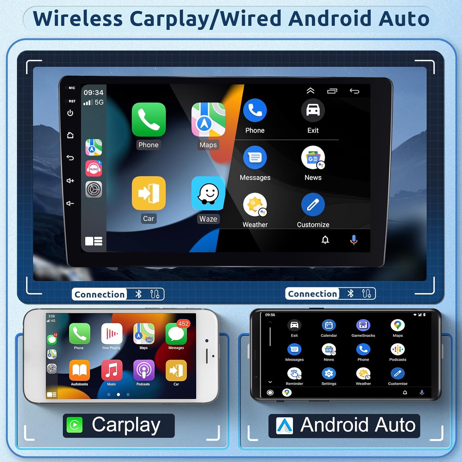 Screenshot of the autoradio display showing CarPlay and Android Auto interfaces, with icons for phone, maps, messages, music, and other apps. Below, a smartphone screen showing CarPlay and Android Auto logos.