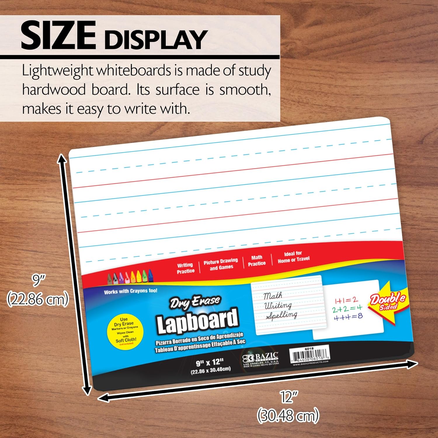 BAZIC Products Dry Erase Lap Board 9"x12", Double Sided Primary Ruled & Blank, Small Portable Whiteboards for Teacher Home, 24-Pack