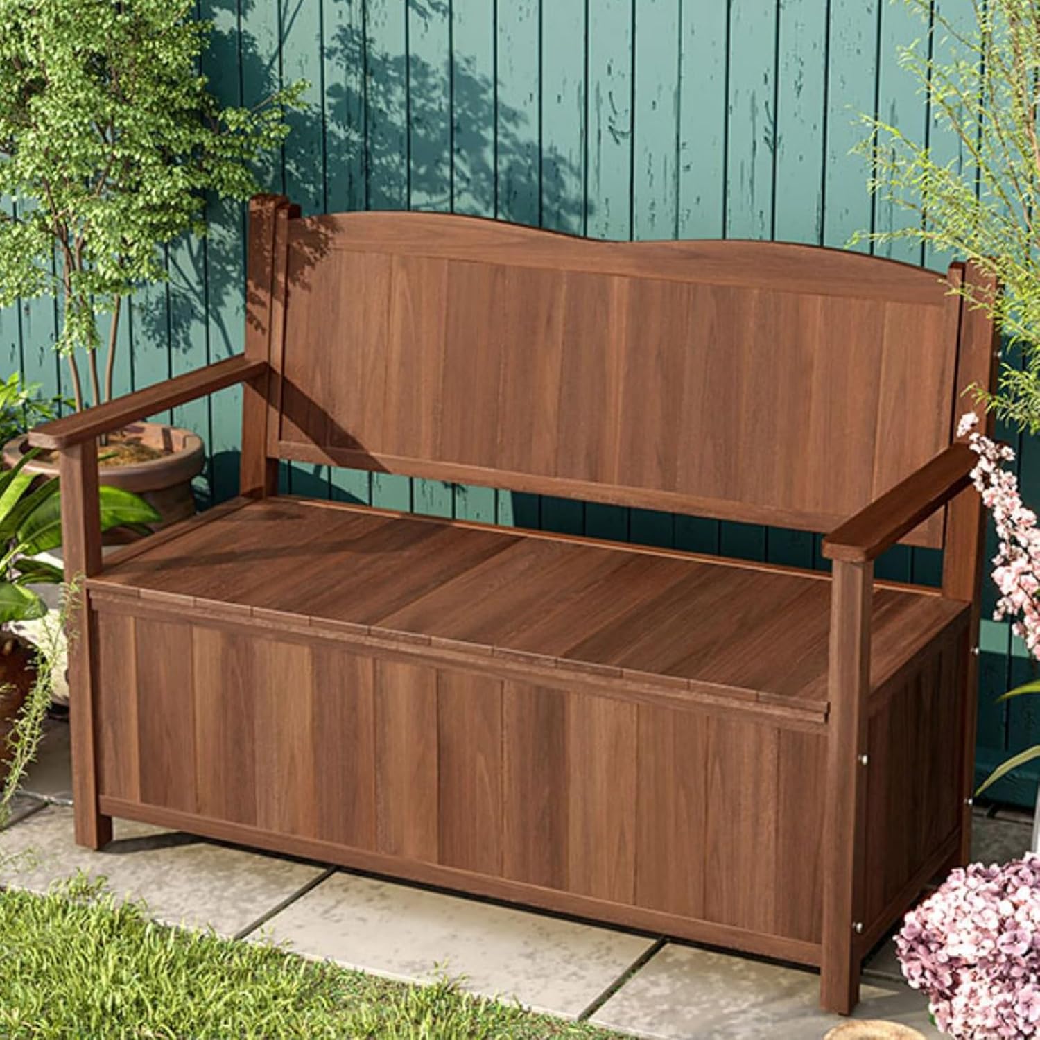 2 People Garden Bench, Outdoor Bench with Storage, Park Bench with Backrest, Patio Wooden Bench for Deck, Patio, Garden, Backyard(White)