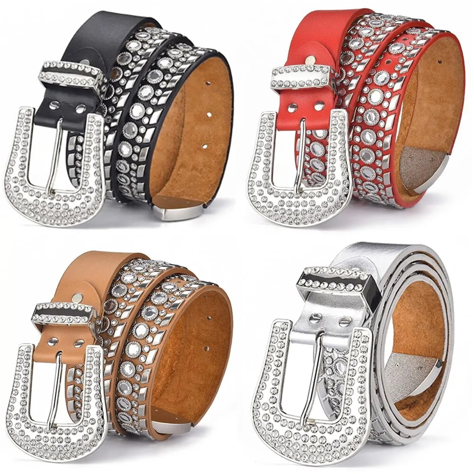 Cinturones Mujer Vaqueros de mujer con diamantes de imitación, cintura grande, diseño de remache brillante occidental, cuero de PU, juego de palabras de Hip Hop artificial