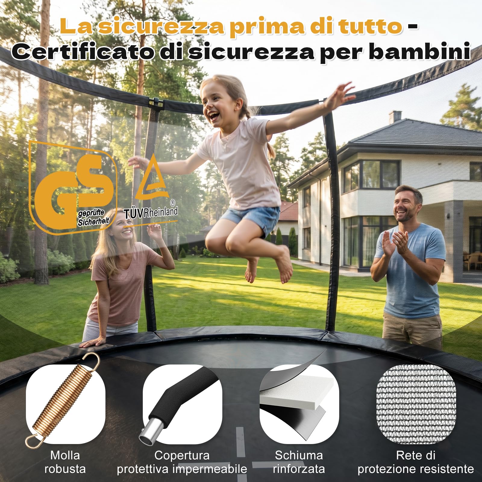 JUMMICO Trampolino elastico da giardino per bambini, 1,8 m, 2,3 m, 3,0 m, 3,6 m, 4,3 m, 4,9 m, rete di sicurezza esterna e pali imbottiti, per bambini interni ed esterni, fino a 150 kg