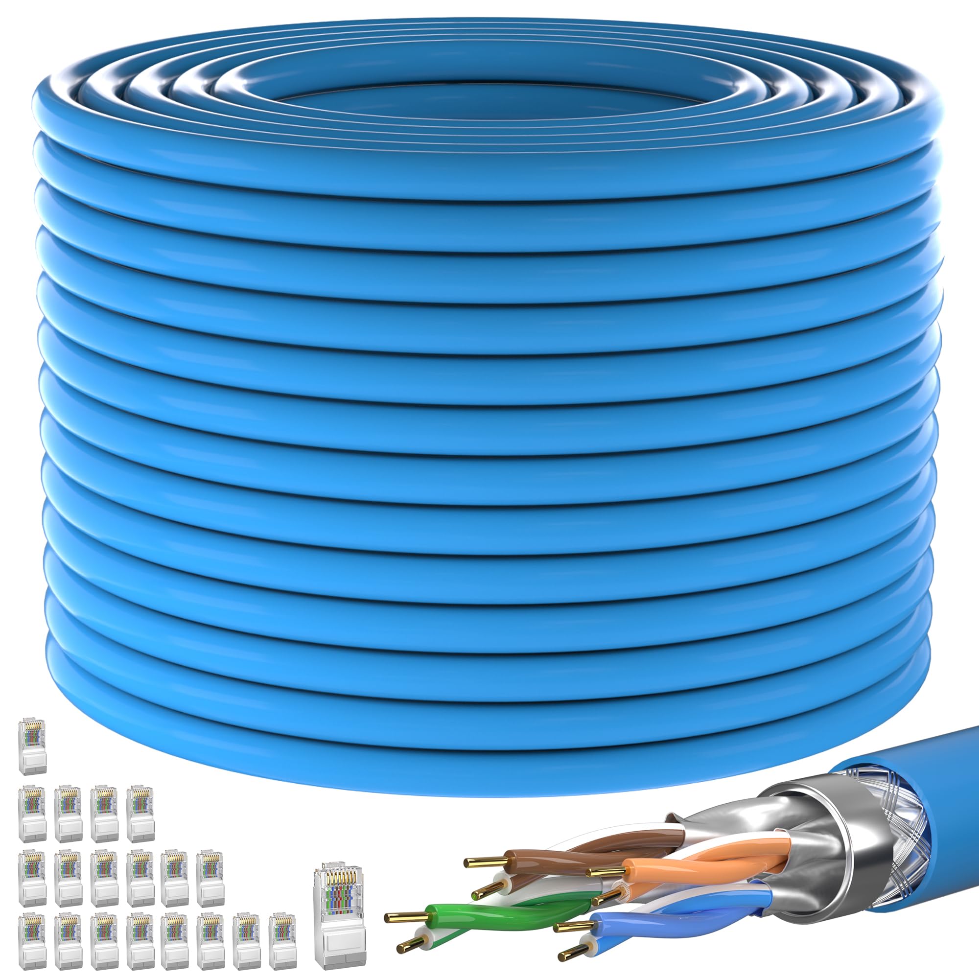 Cat7 Cavo Internet 150 metri, Sepoltura Diretta Cavo Ethernet Lunghezza personalizzabile(0-150m), Interno/esterno Impermeabile Cavo di Rete, SFTP Triplo Schermato Cavo LAN. Con 20 connettori RJ45