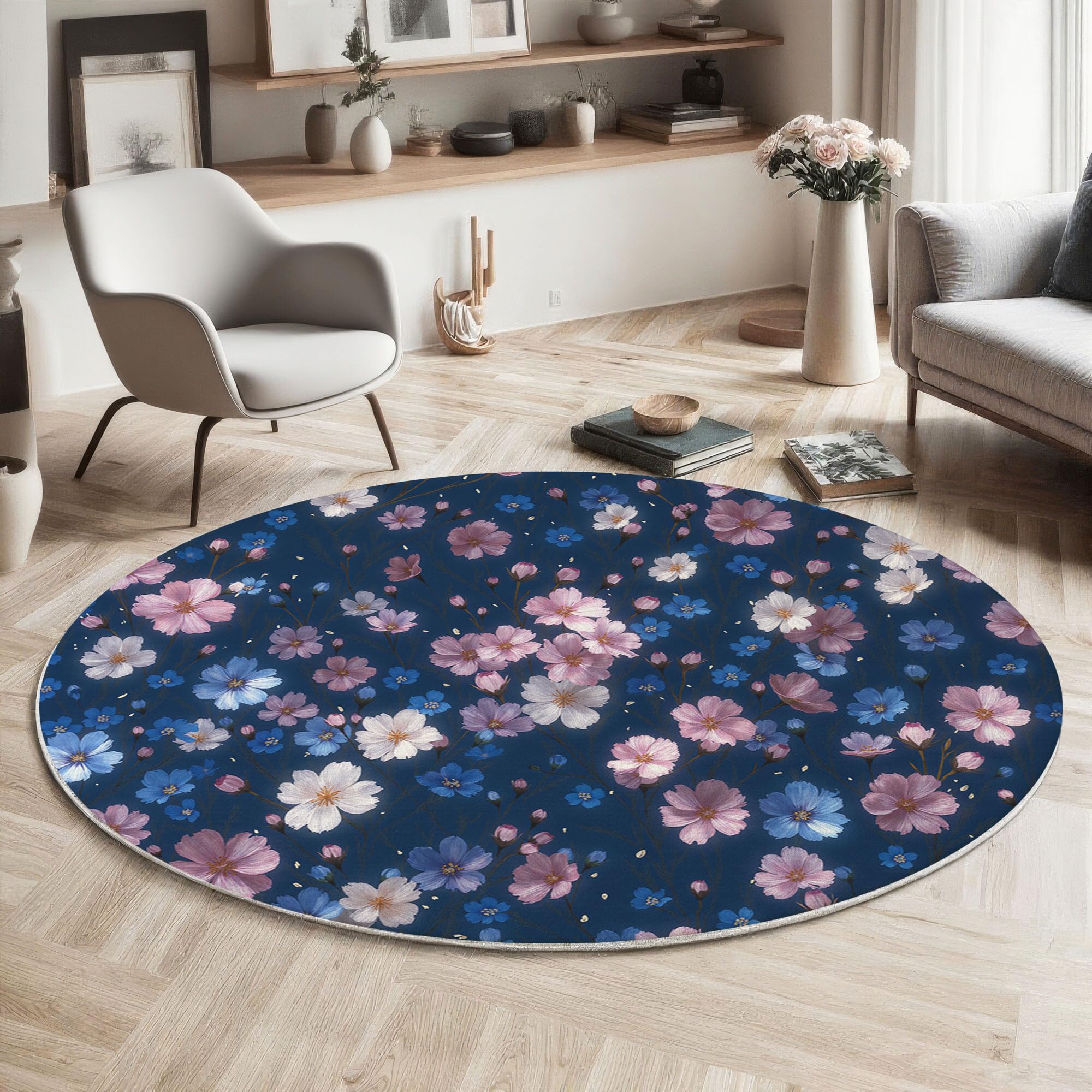 Tapis Rond Fleurs Printanières Romantiques Ciel Étoilé Végétal - Moquette Lavable Poils Courts Doux Antidérapant Pour Chambre À Coucher Salon Vestibule Entrée Chambre D'Enfant, Bleu Marine 100 Cm