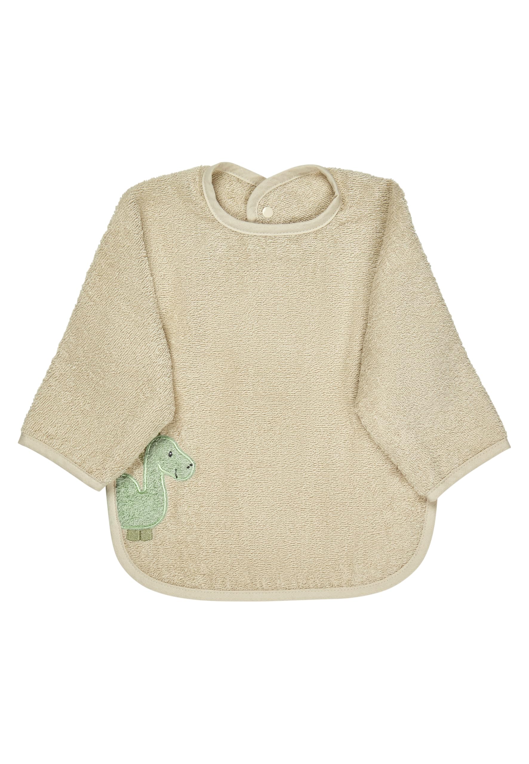 Sterntaler Frottee Ärmellätzchen Dino Rexi - Baby Lätzchen mit Ärmel aus saugfähiger Baumwolle mit Applikation und praktischem Druckknopfverschluss, beige