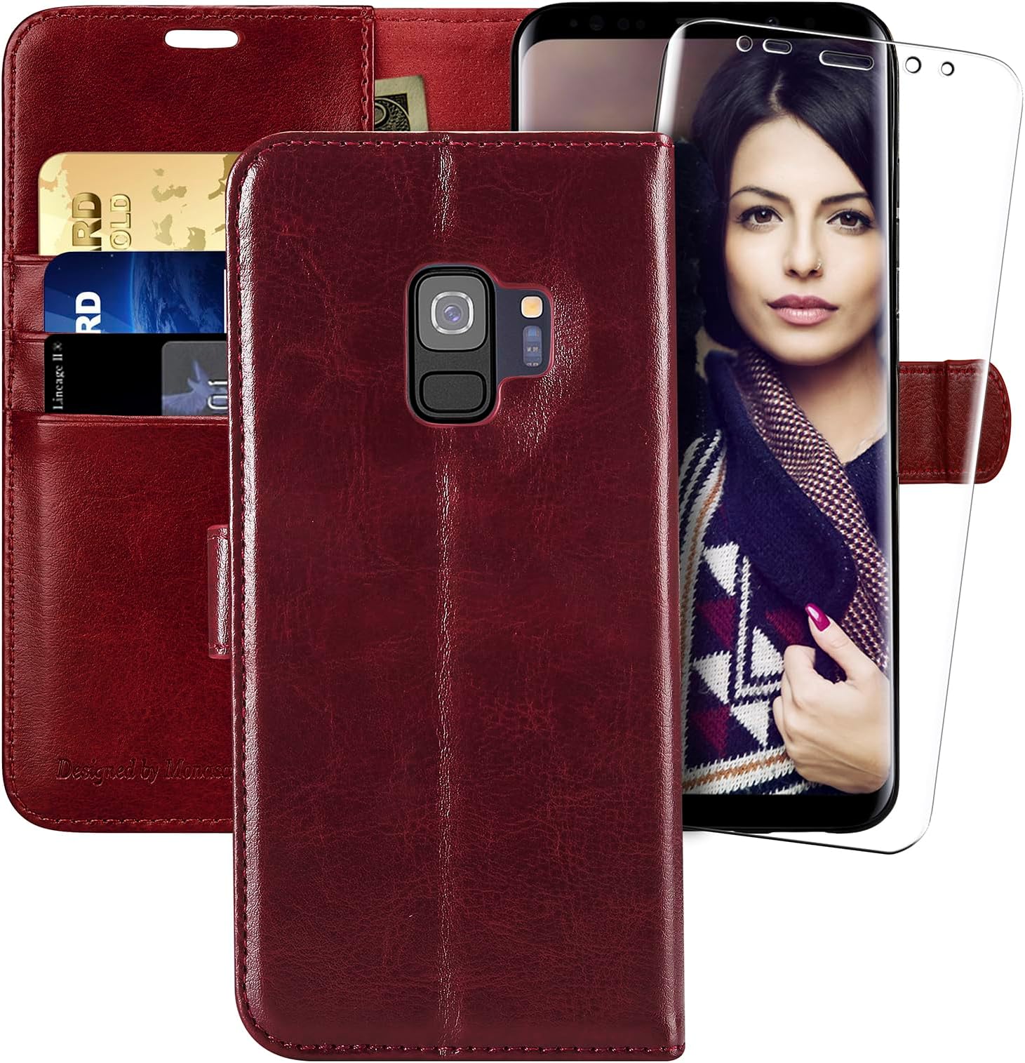 MONASAY Wallet Case Compatible for Galaxy S9, 5.8-inch, [Screen Protector Included][RFID Blocking] Flip Folio Leather Cell Phone Cover with Credit Card Holder, Burgundy