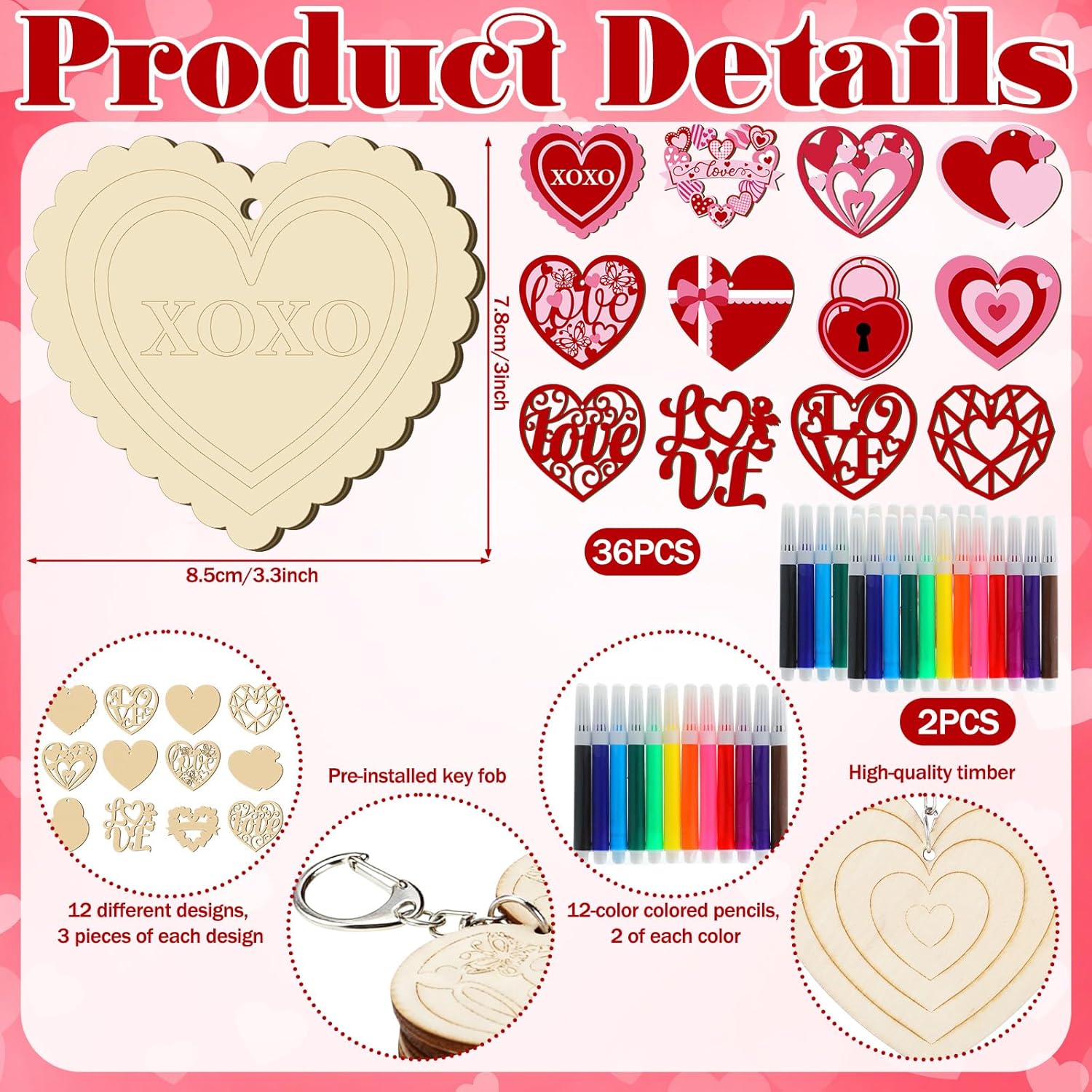 Cunno 96 Pcs Valentine's Day Crafts Kit Color Your Own Hearts 36 Wooden Heart 36 Keychains 24 Watercolor Pens Blank Unfinished Accent Love Gift Craft for Valentines Exchange DIY Supplies Party Favor