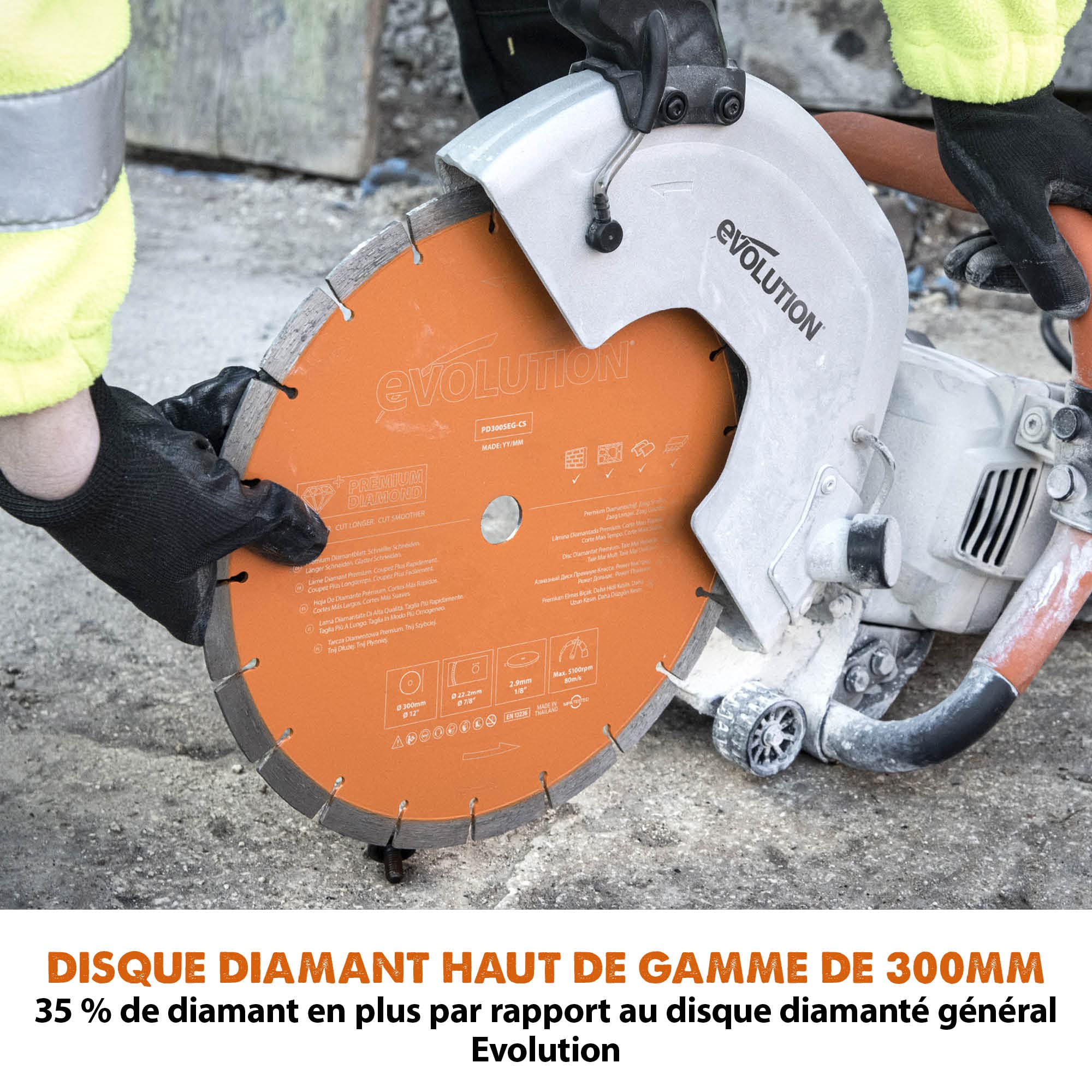 Evolution Power Tools Scie à Béton Dépoussiérage à l'eau, Pour couper le Béton, Pierre, Brique - 2400W électrique, pas de Gaz, 115mm de Coupe, Lame Diamant Premium 300mm - R300DCT+