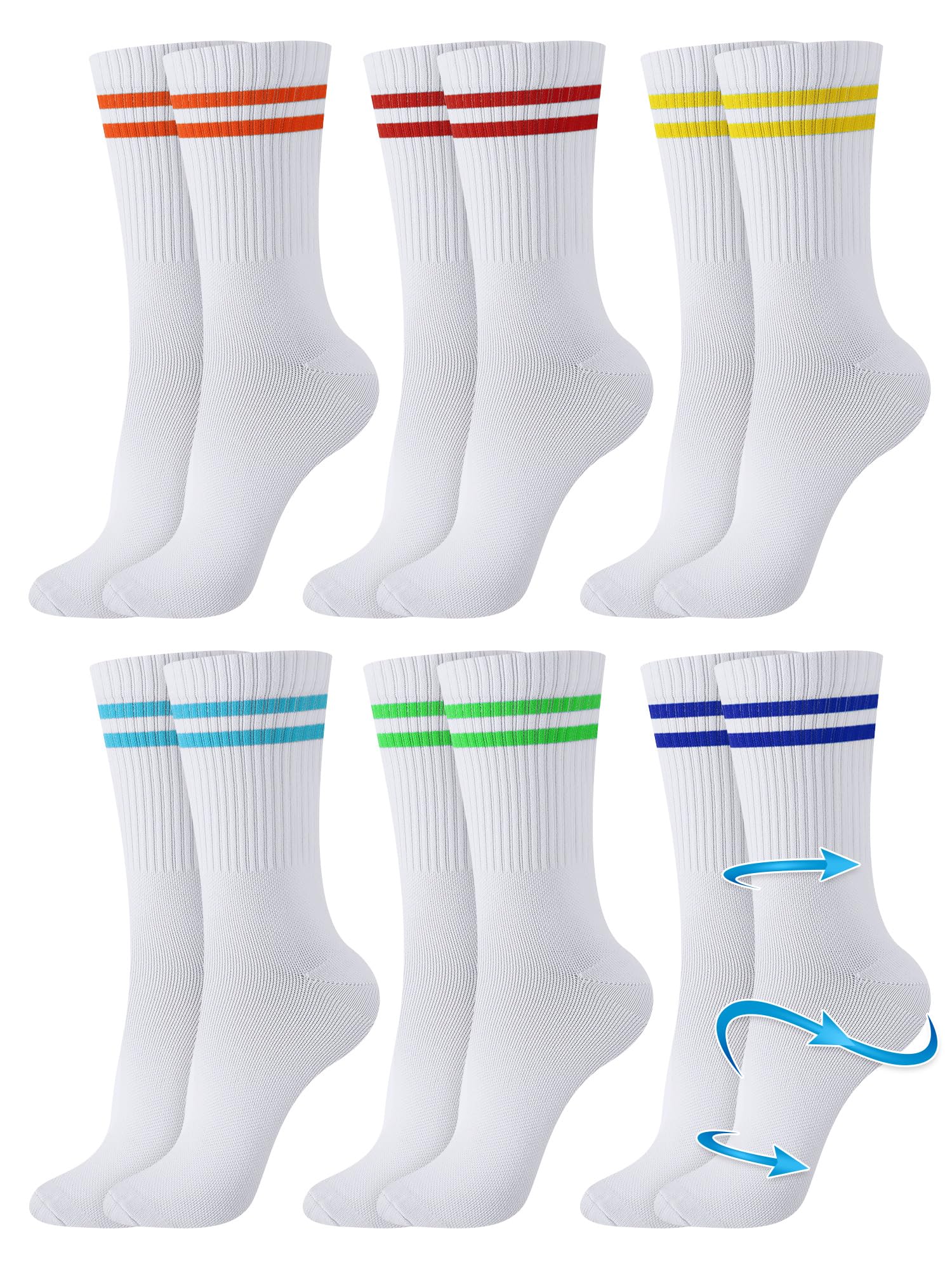 Chuarry 6 Pairs Compression Striped Crew Socks for Women 15-20 Mmhg Lightweight Cotton Compression Socks with Colorful Stripes Mid Calf White Athletic Socks for Sports Running Cycling