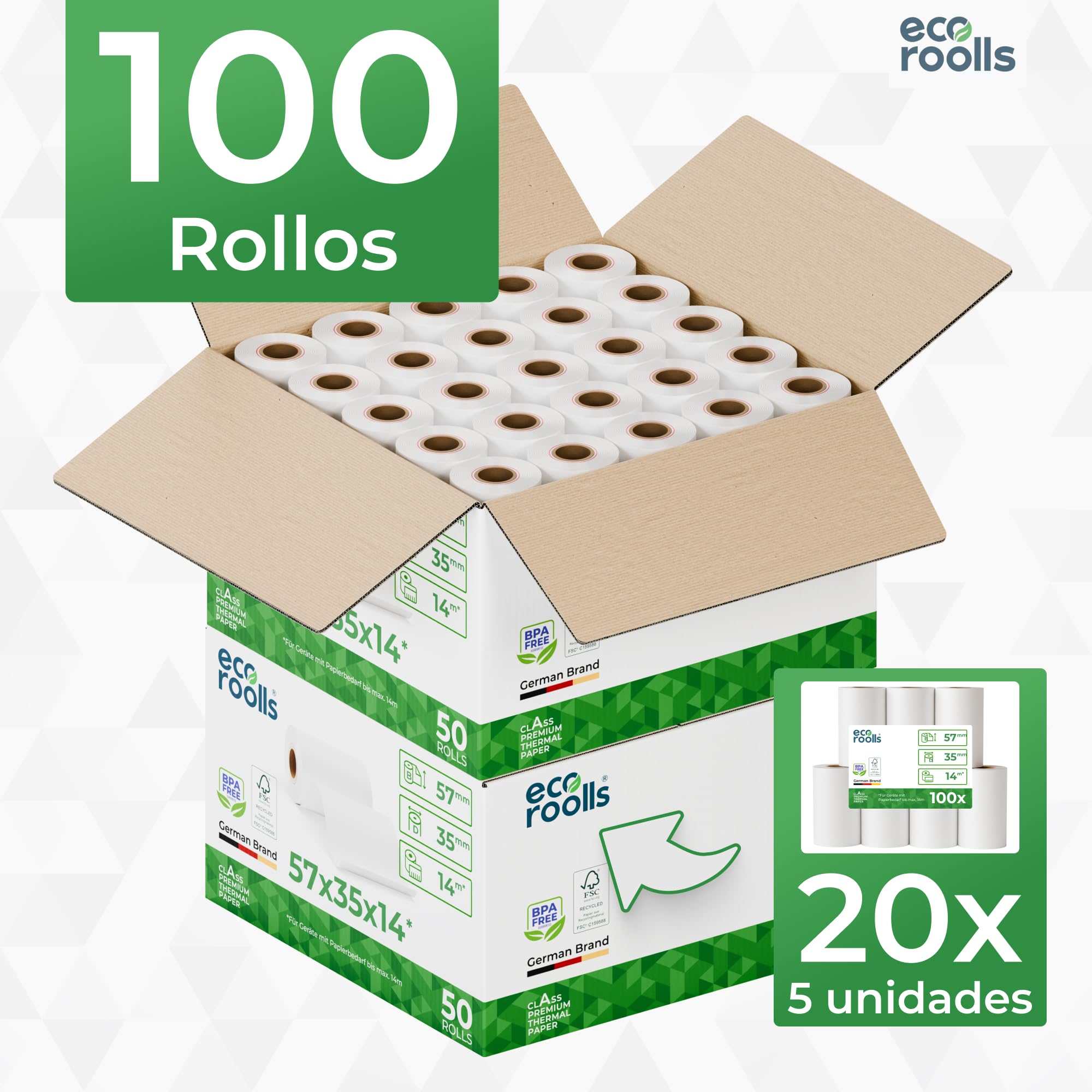Rollos de papel térmico 57mm x 35mm de diámetro para máquinas de tarjetas de Crédito - Rollos ideal para todos los TPV 57x35x12 - Sin BPA 2 cartones (100 Rollos)