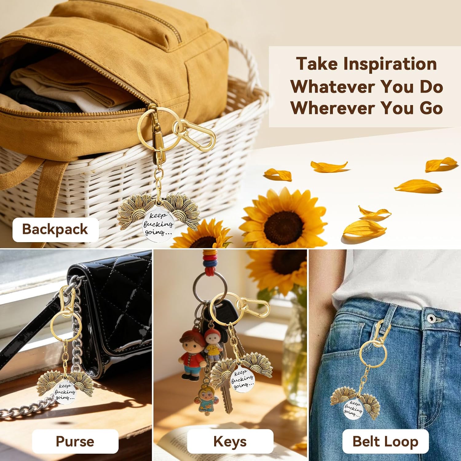 Sunflower Keychain Inspirational Motivational Purse Bag Charms Keychain Funny Keychain Gift for Women Men Friends